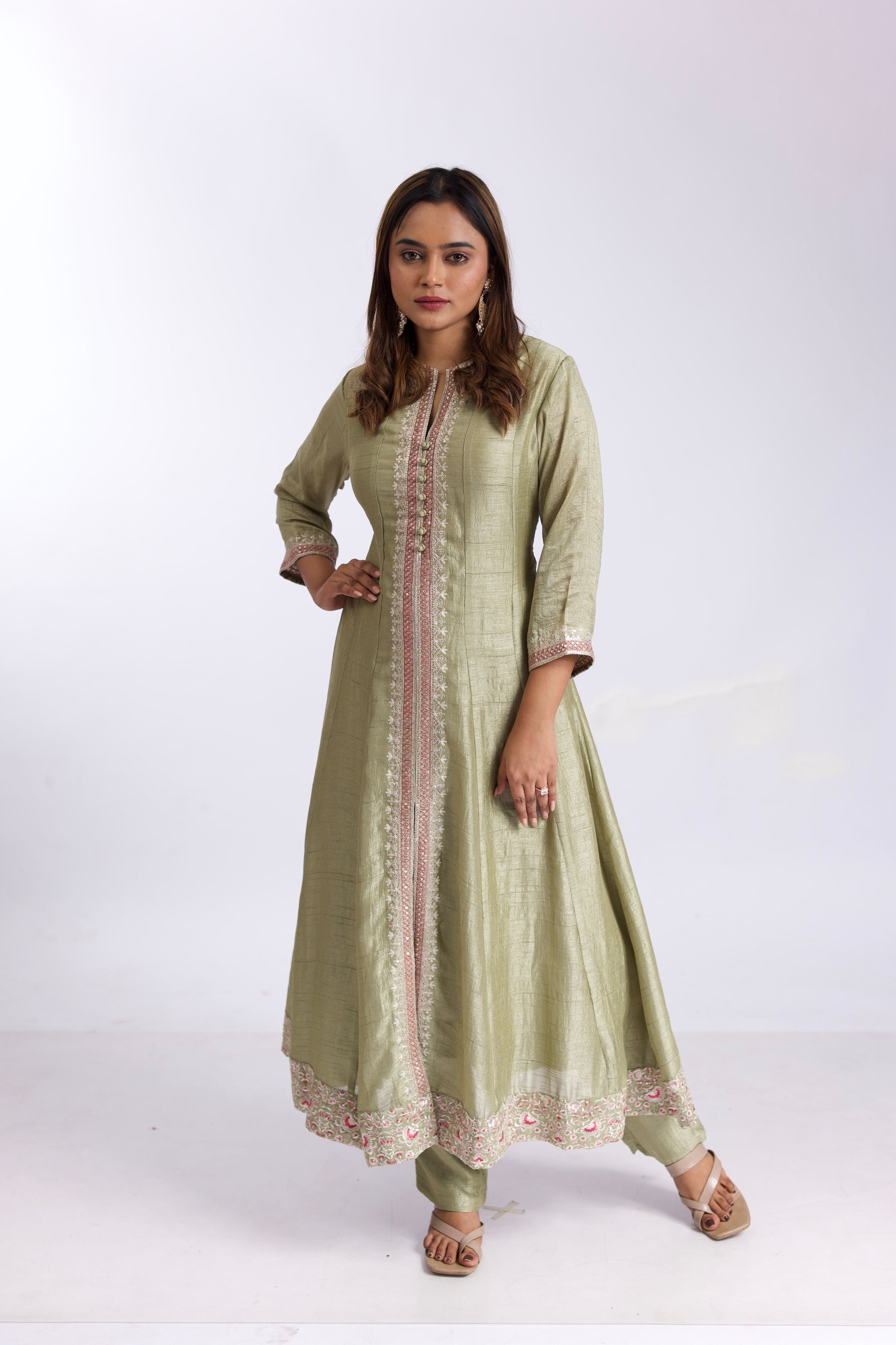 Stunning Sage Green Silk Anarkali Suit Set with Pink Satin-Silk Dupatta - Mokshaa