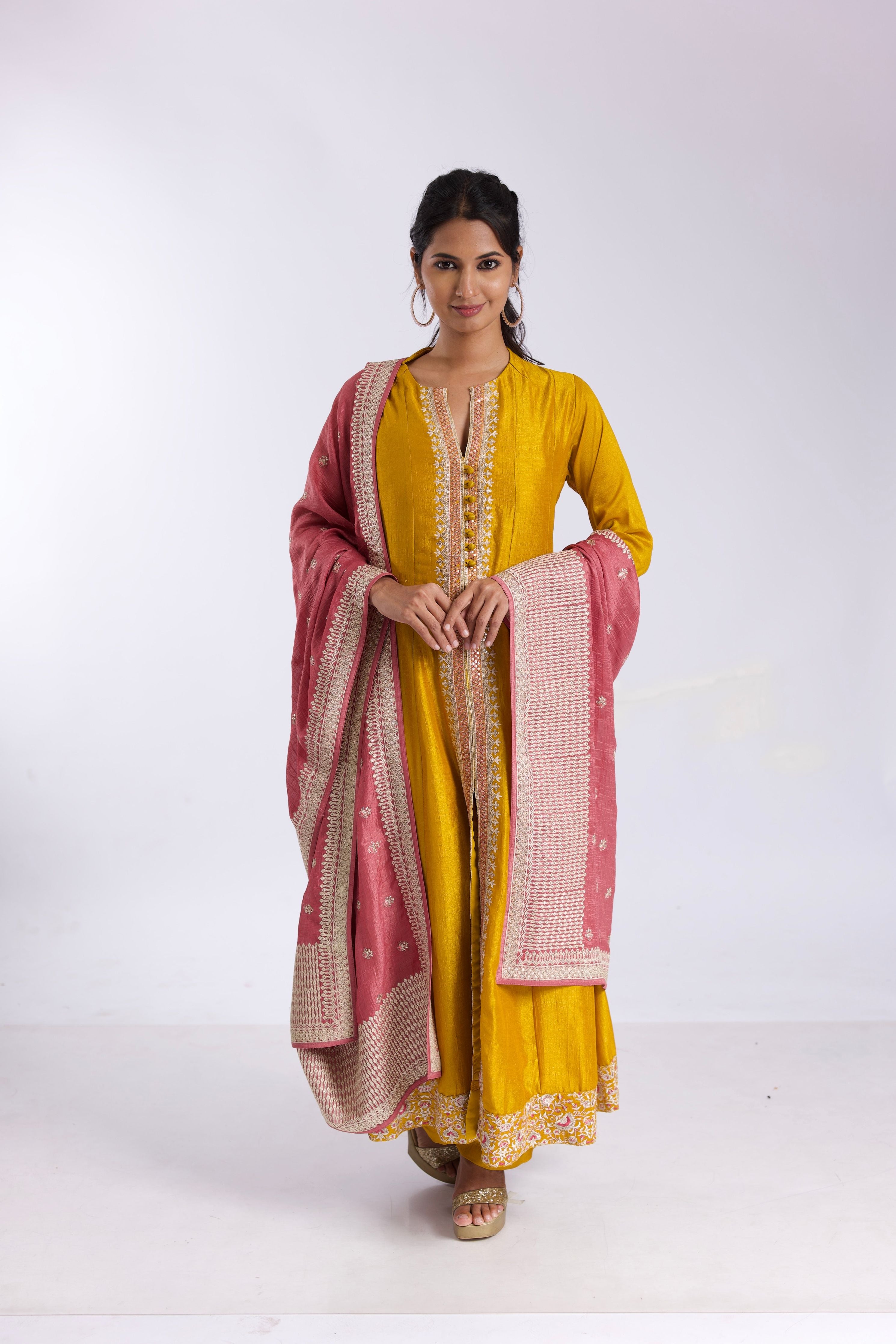 Elegant Mustard Silk Anarkali Suit Set with Salmon Pink Satin-Silk Dupatta - Mokshaa