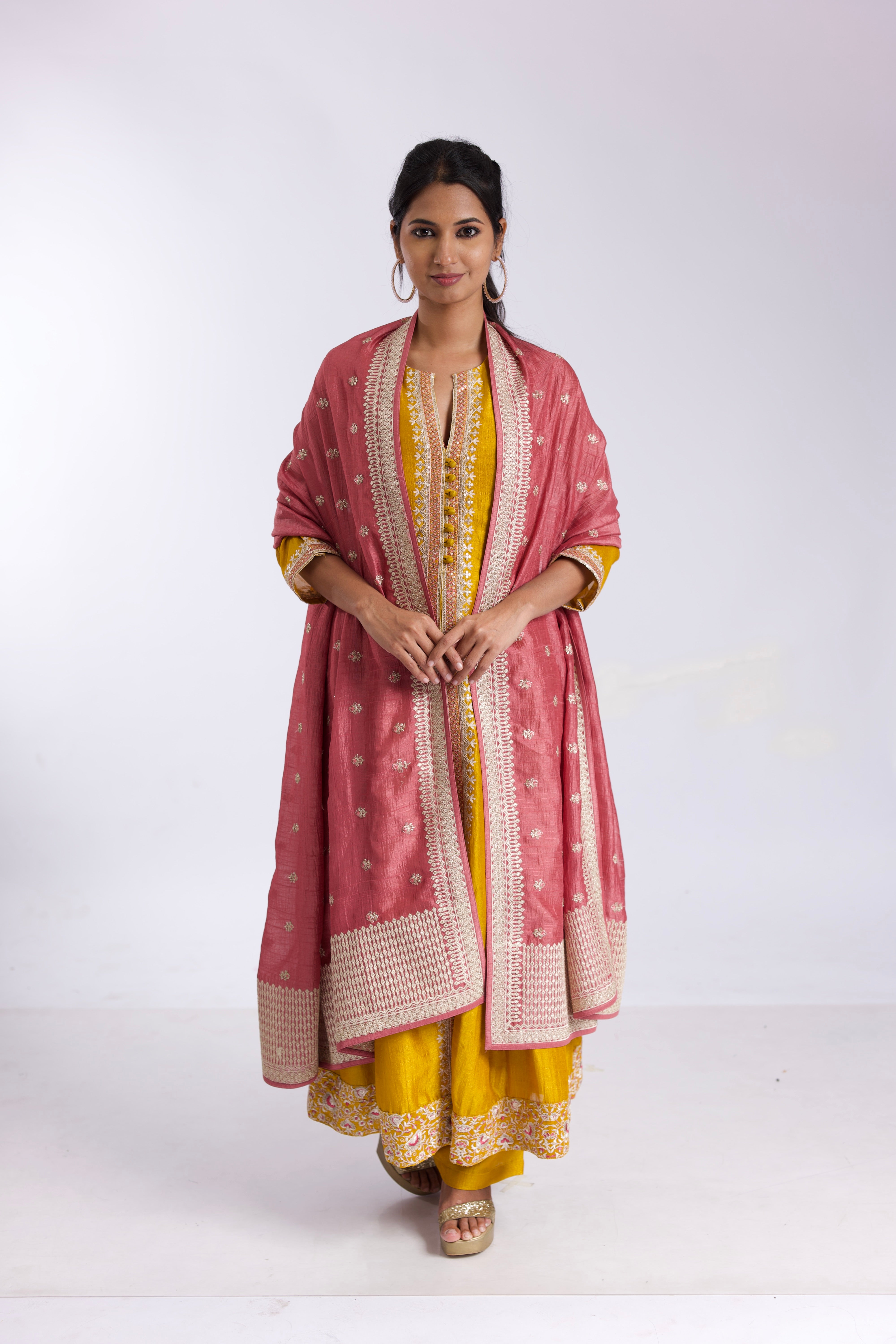 Elegant Mustard Silk Anarkali Suit Set with Salmon Pink Satin-Silk Dupatta - Mokshaa