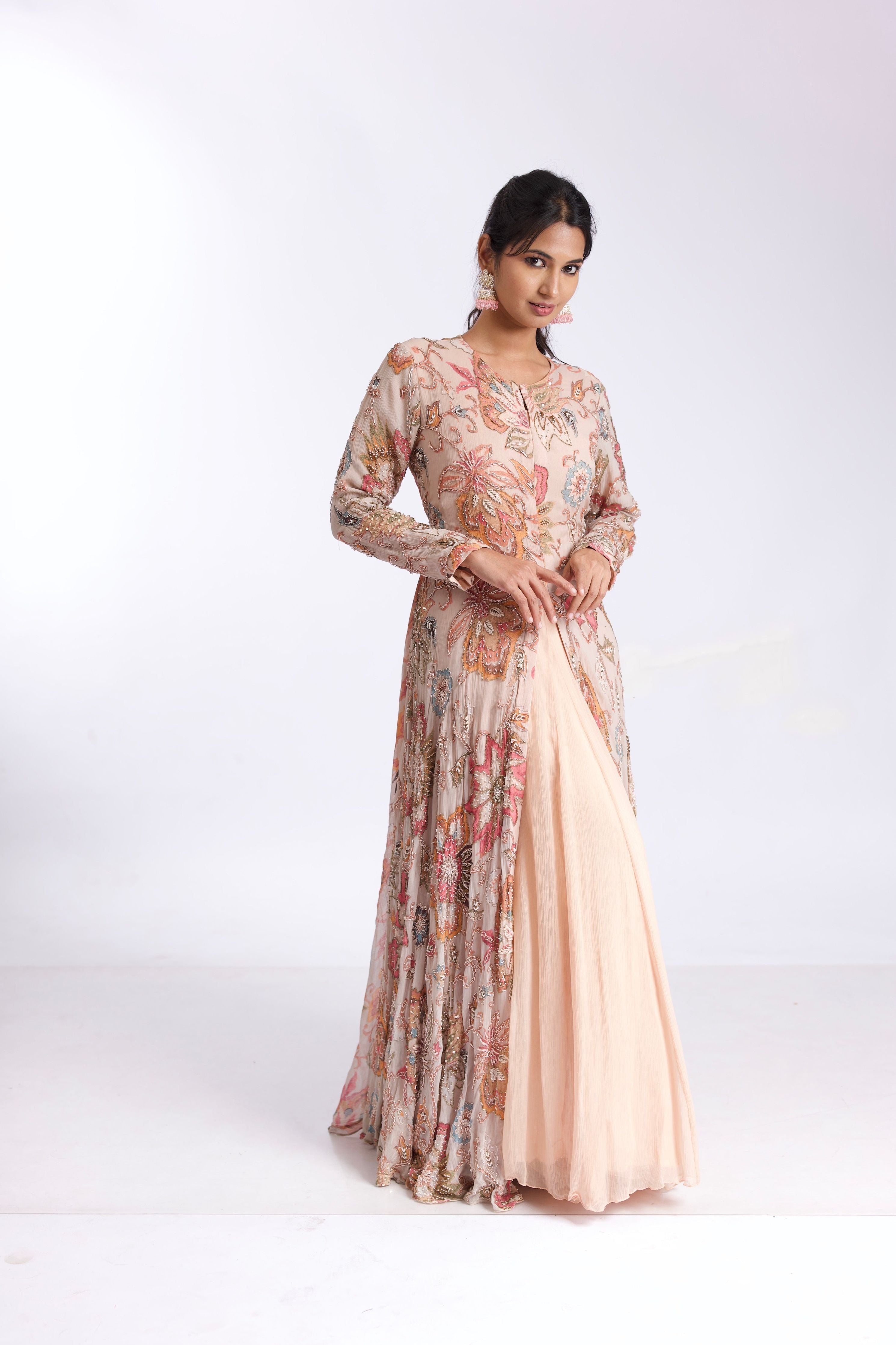 Cream Chiffon Embroidered Floral Print Long Dress 鈥�Exude Elegance and Charm - Mokshaa