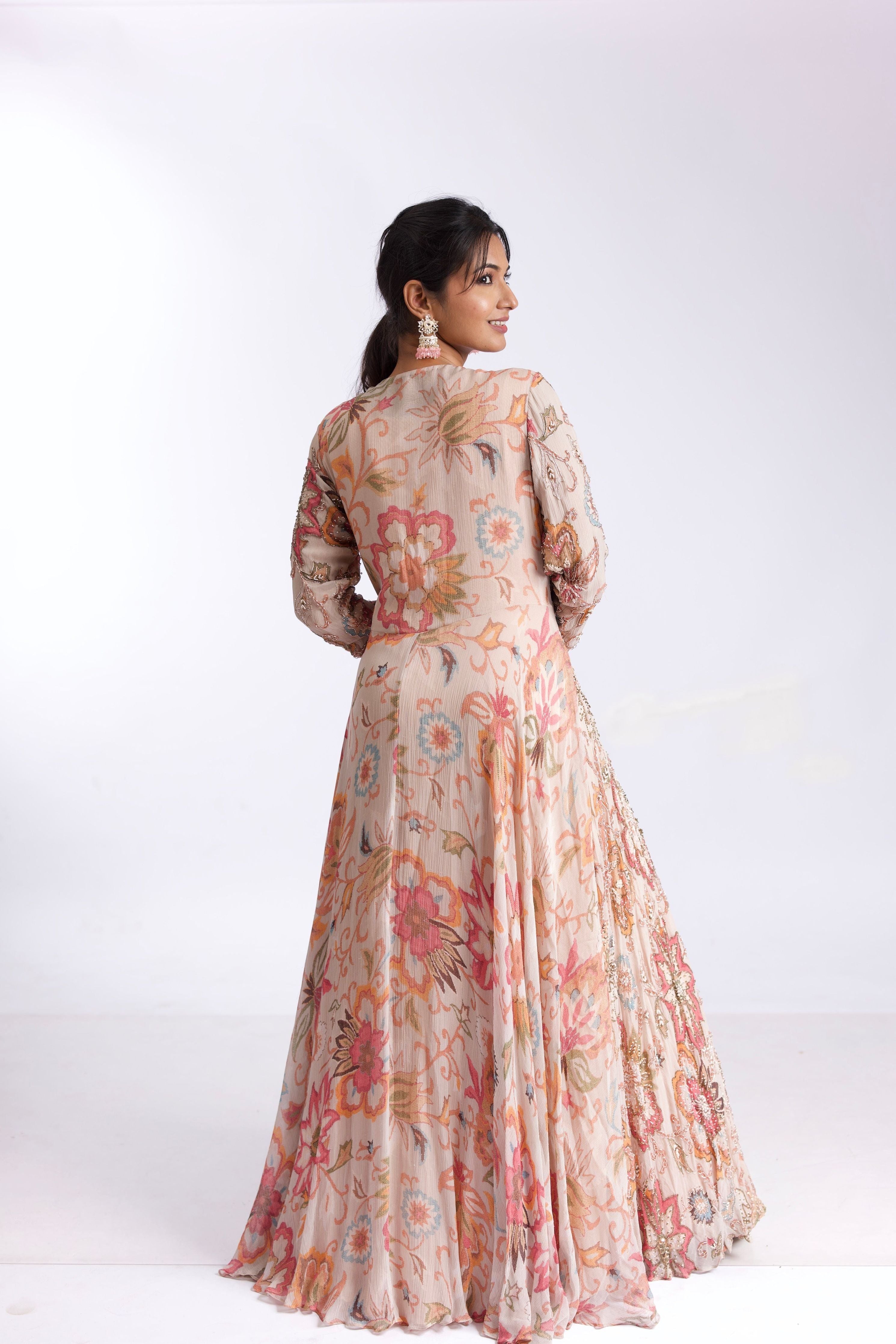 Cream Chiffon Embroidered Floral Print Long Dress 鈥�Exude Elegance and Charm - Mokshaa