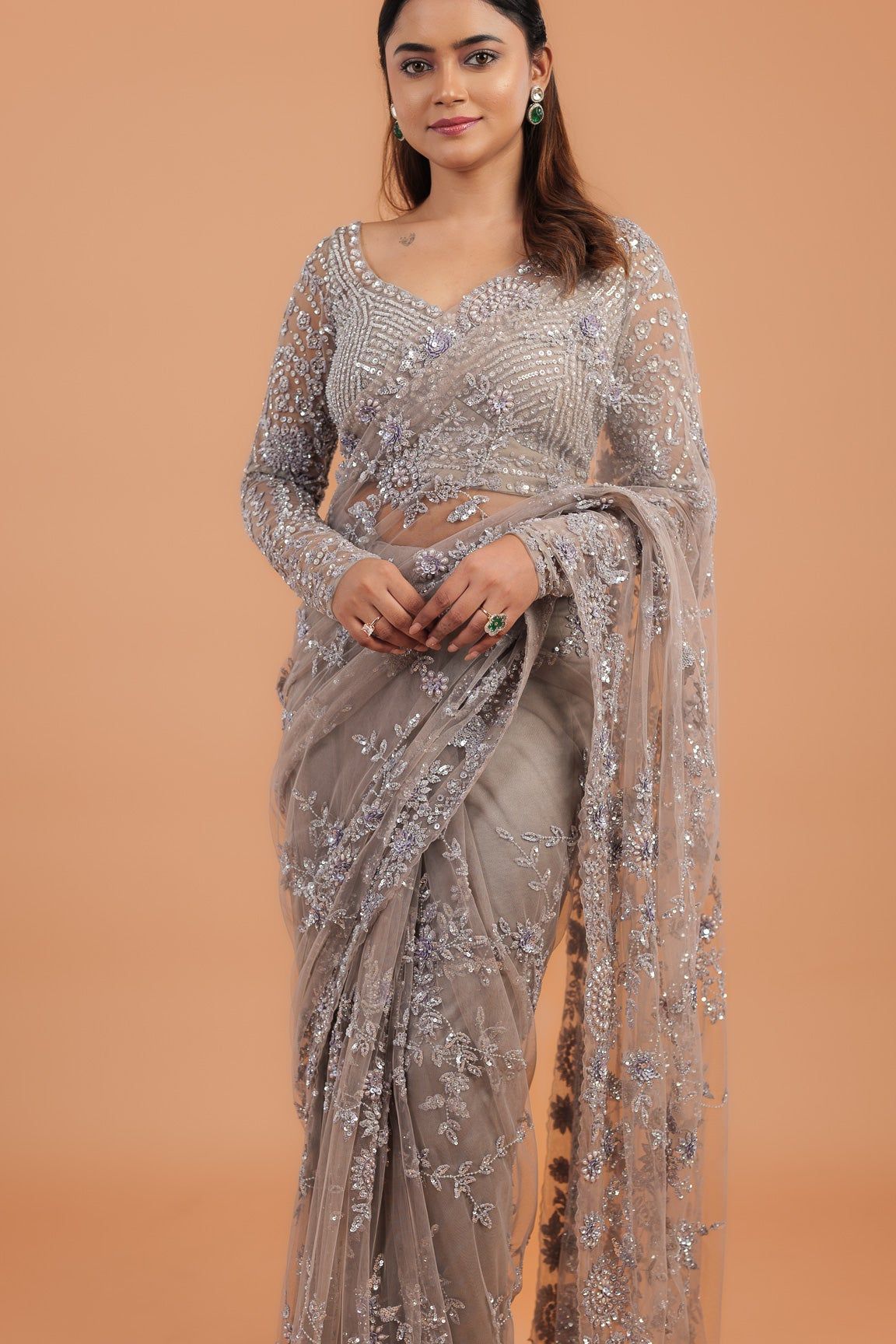 Smoky Grey Net Saree - Mokshaa