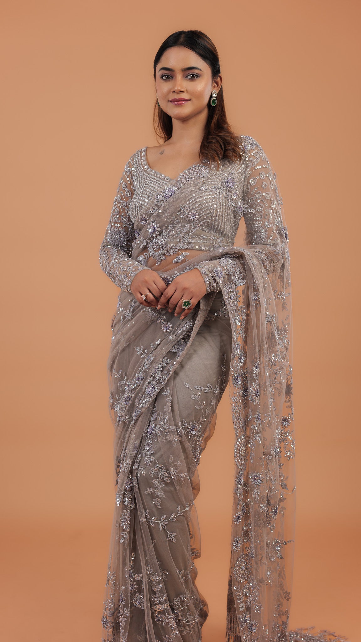 Smoky Grey Net Saree - Mokshaa