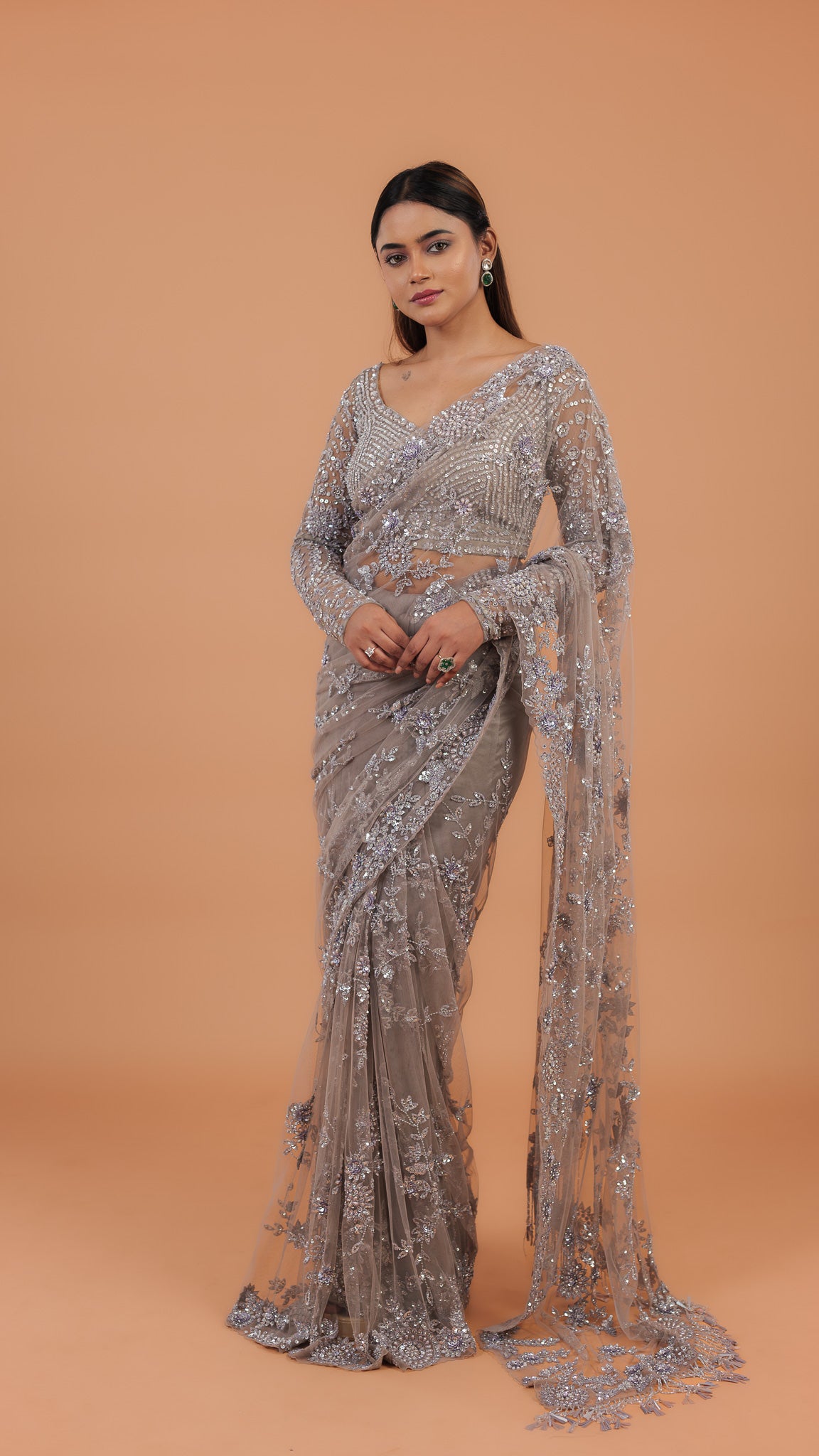 Smoky Grey Net Saree - Mokshaa