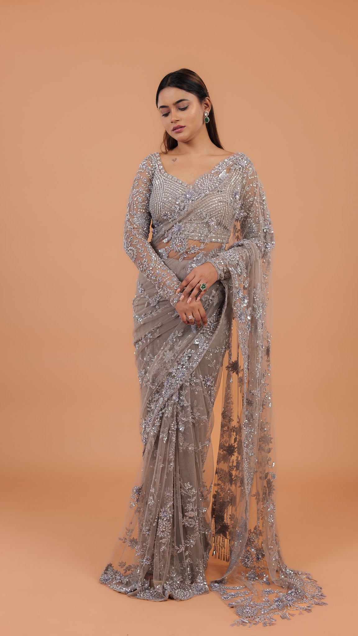 Smoky Grey Net Saree - Mokshaa