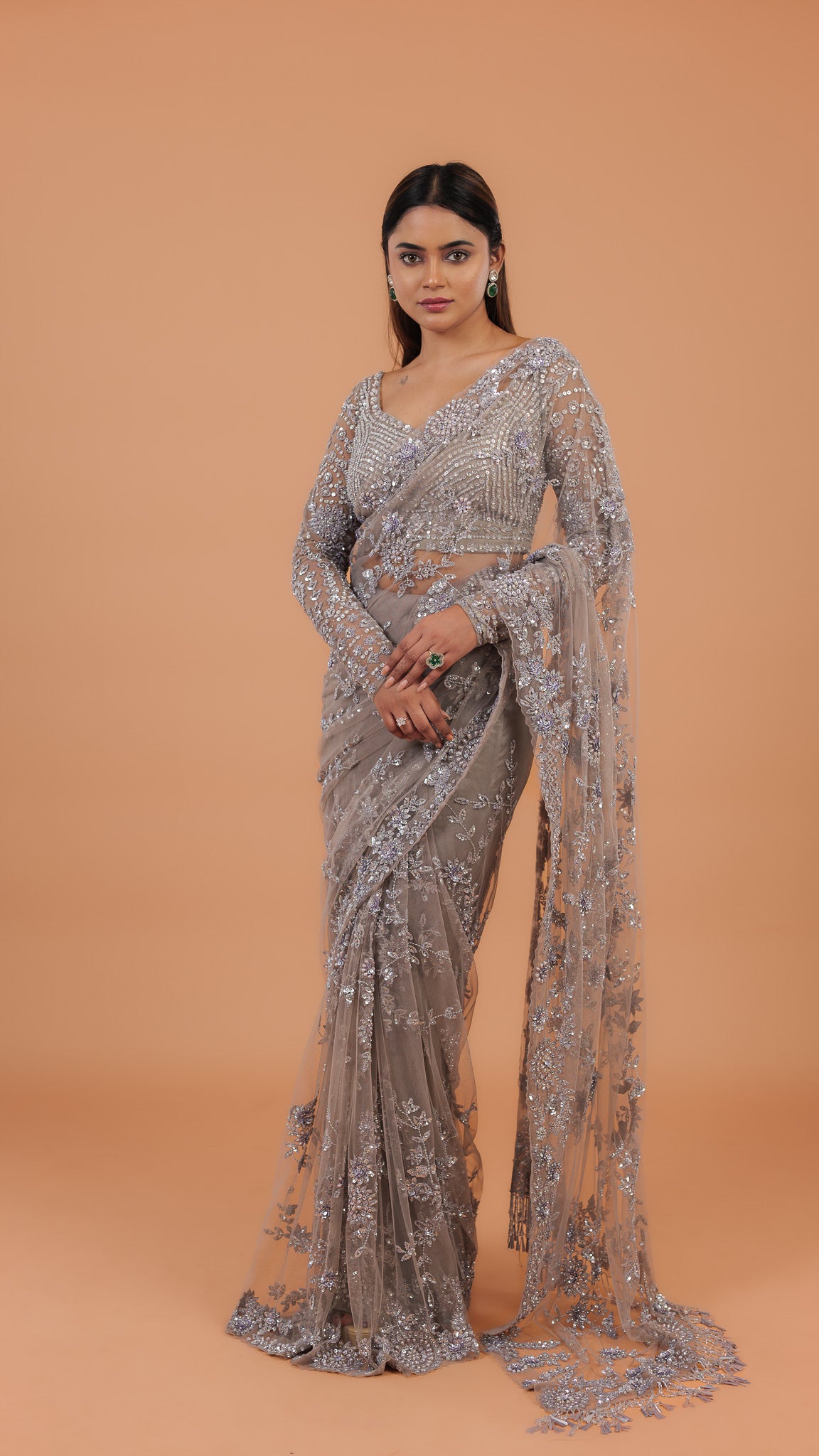 Smoky Grey Net Saree - Mokshaa