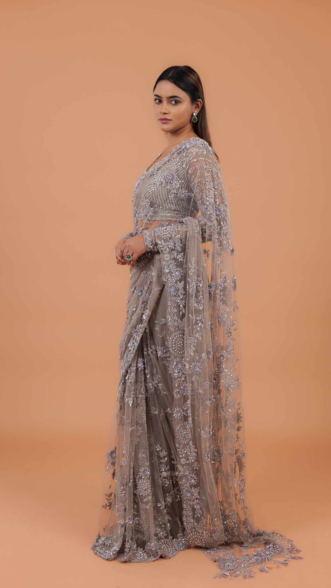 Smoky Grey Net Saree - Mokshaa