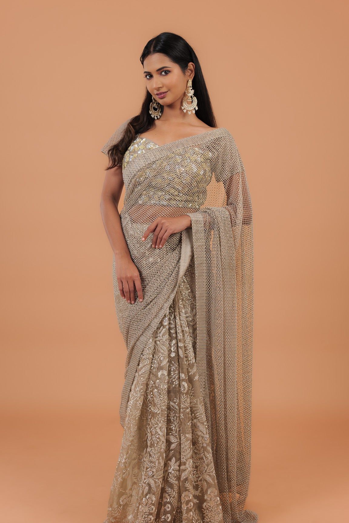 Dusty Net Half And Half Saree - Mokshaa