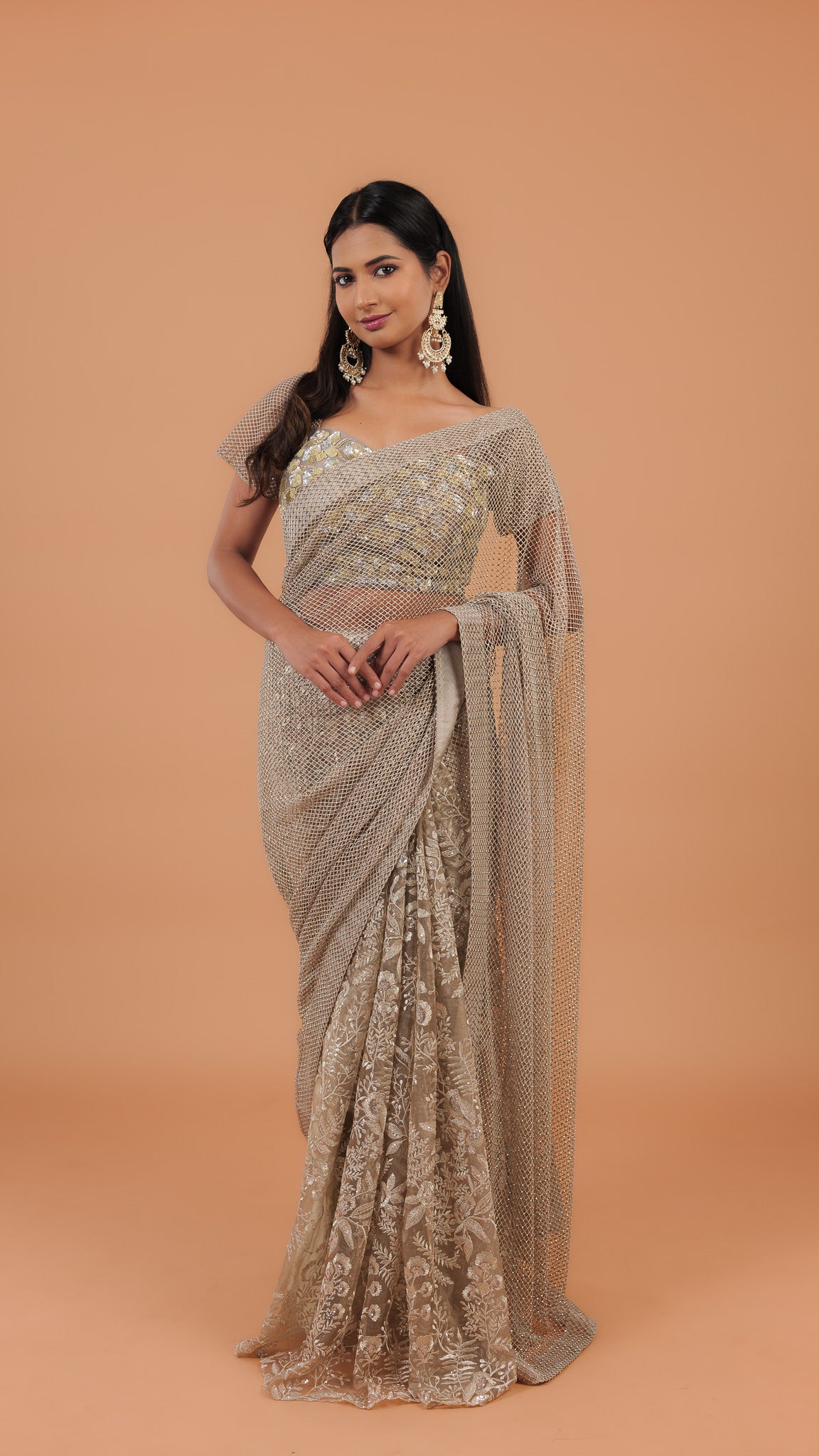 Dusty Net Half And Half Saree - Mokshaa