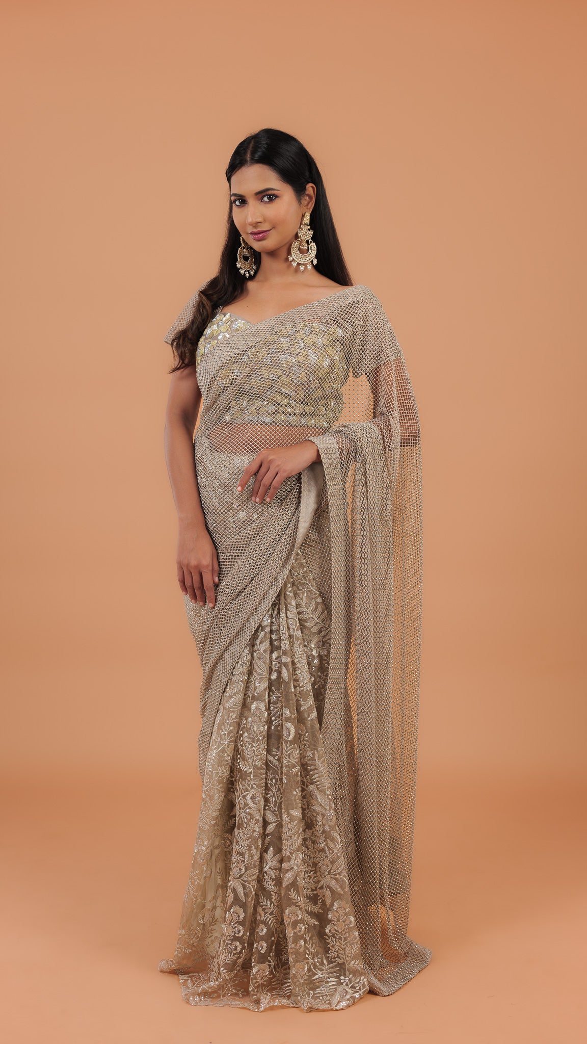 Dusty Net Half And Half Saree - Mokshaa