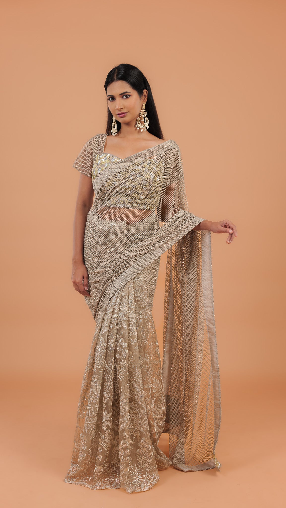 Dusty Net Half And Half Saree - Mokshaa