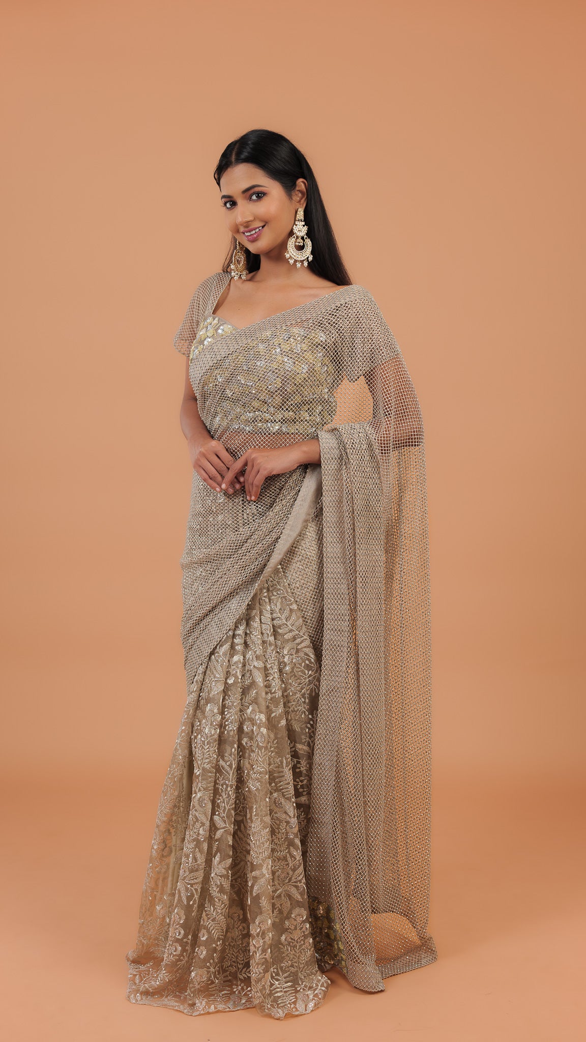 Dusty Net Half And Half Saree - Mokshaa