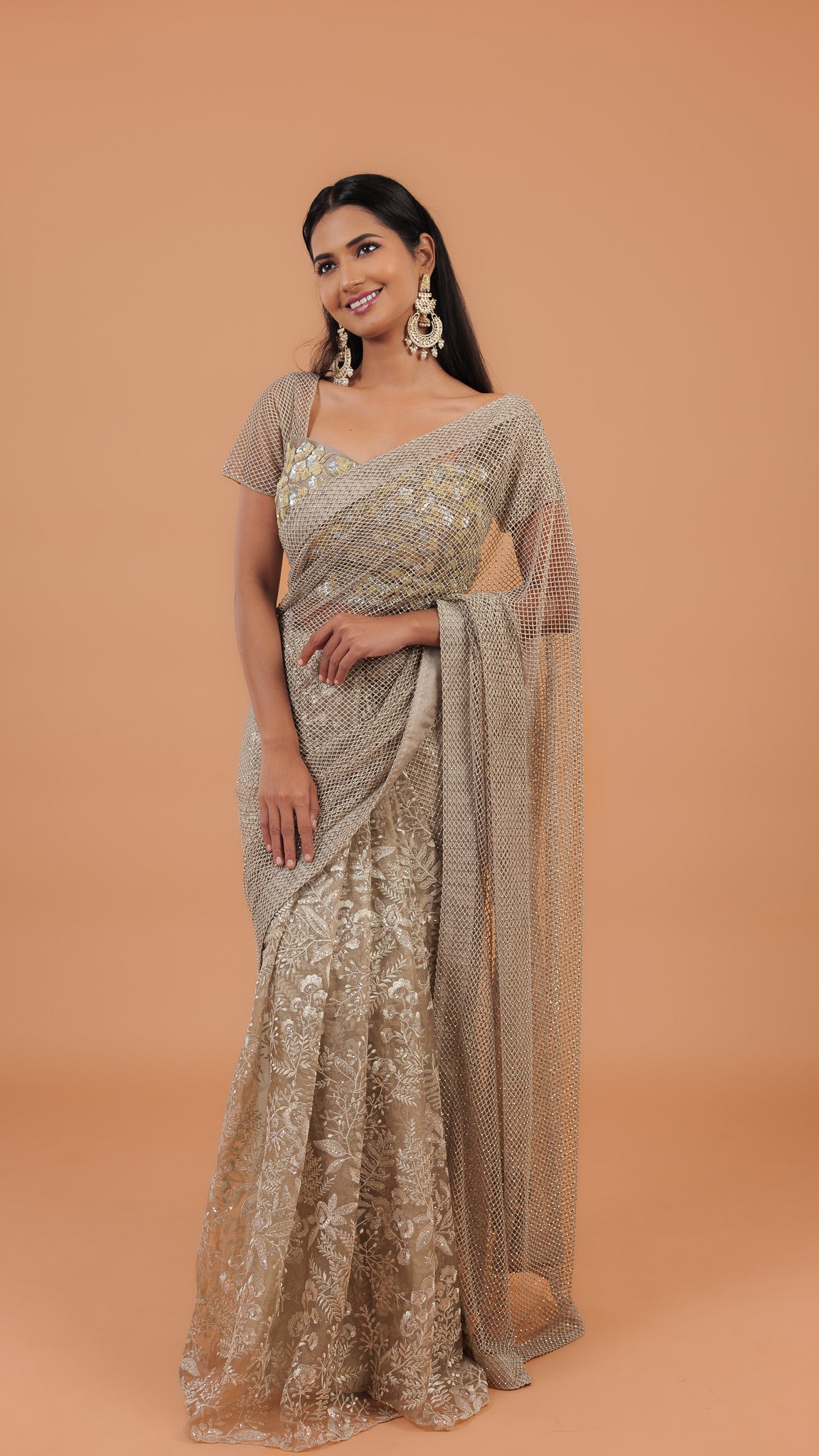 Dusty Net Half And Half Saree - Mokshaa