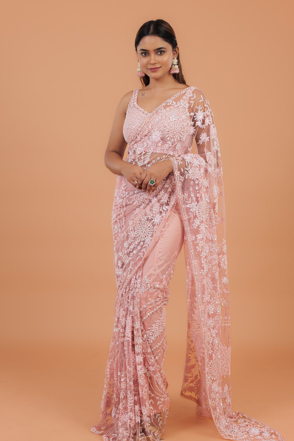 Pink Net Saree - Mokshaa