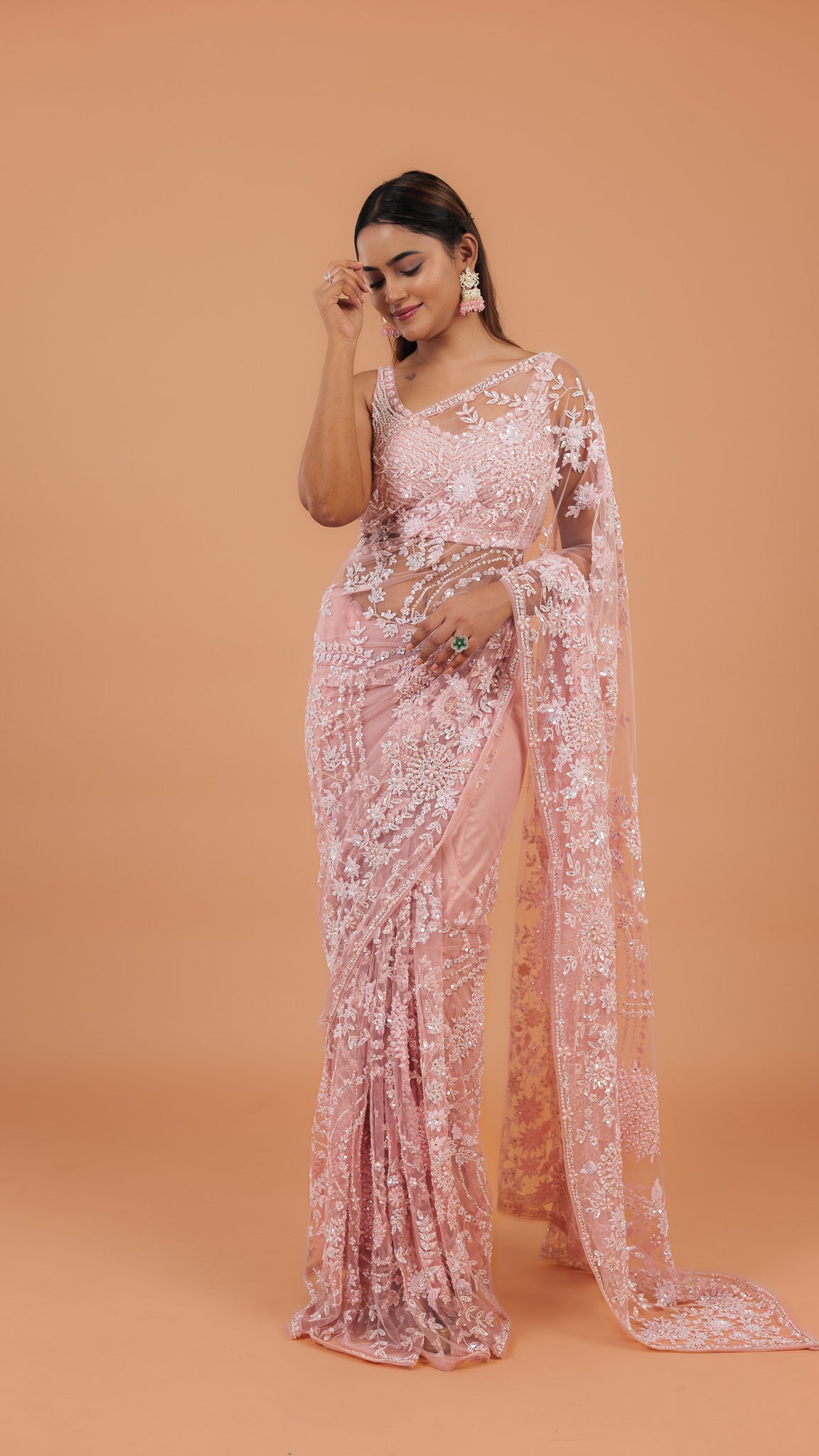 Pink Net Saree - Mokshaa