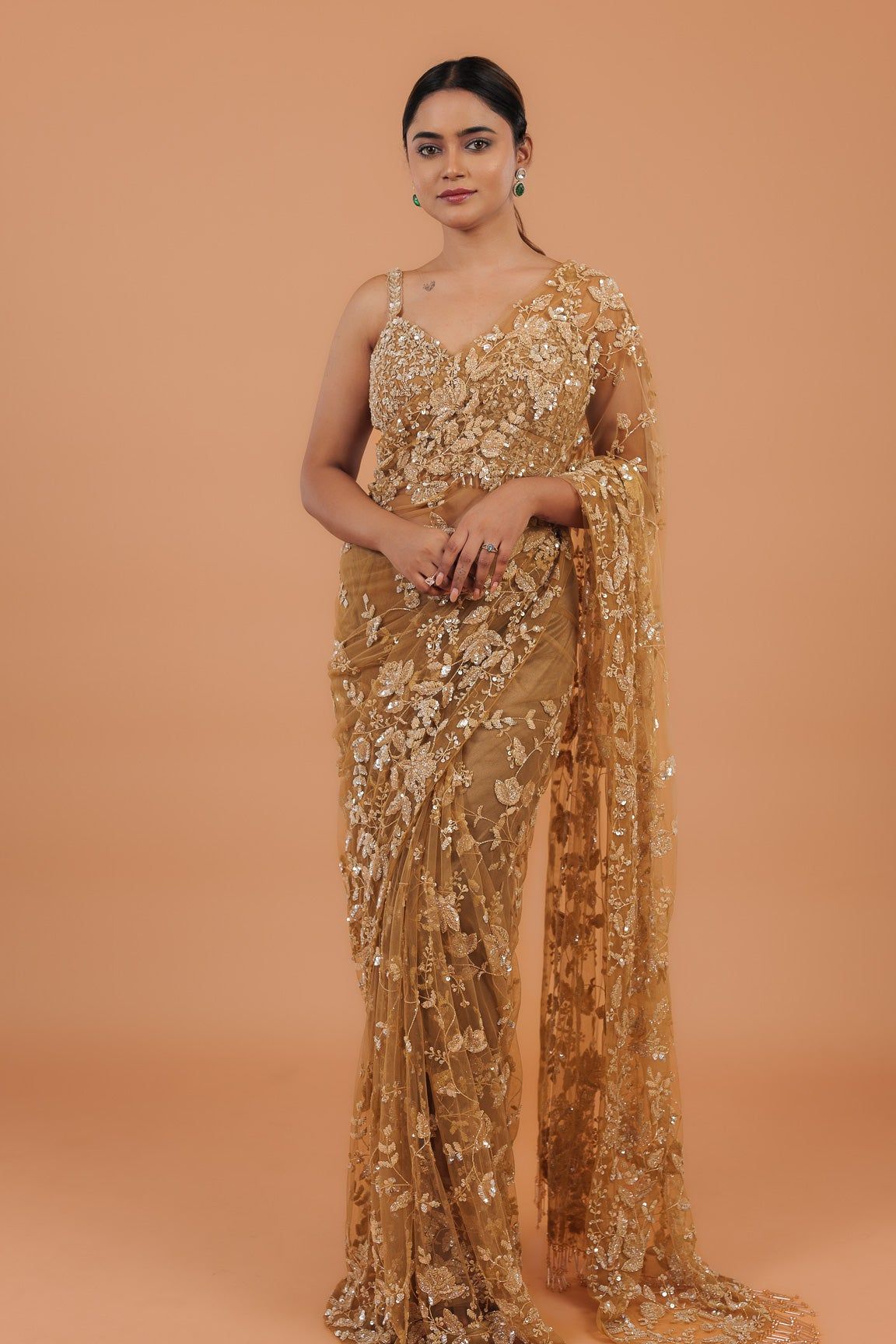 Dusty Brown Net Saree - Mokshaa