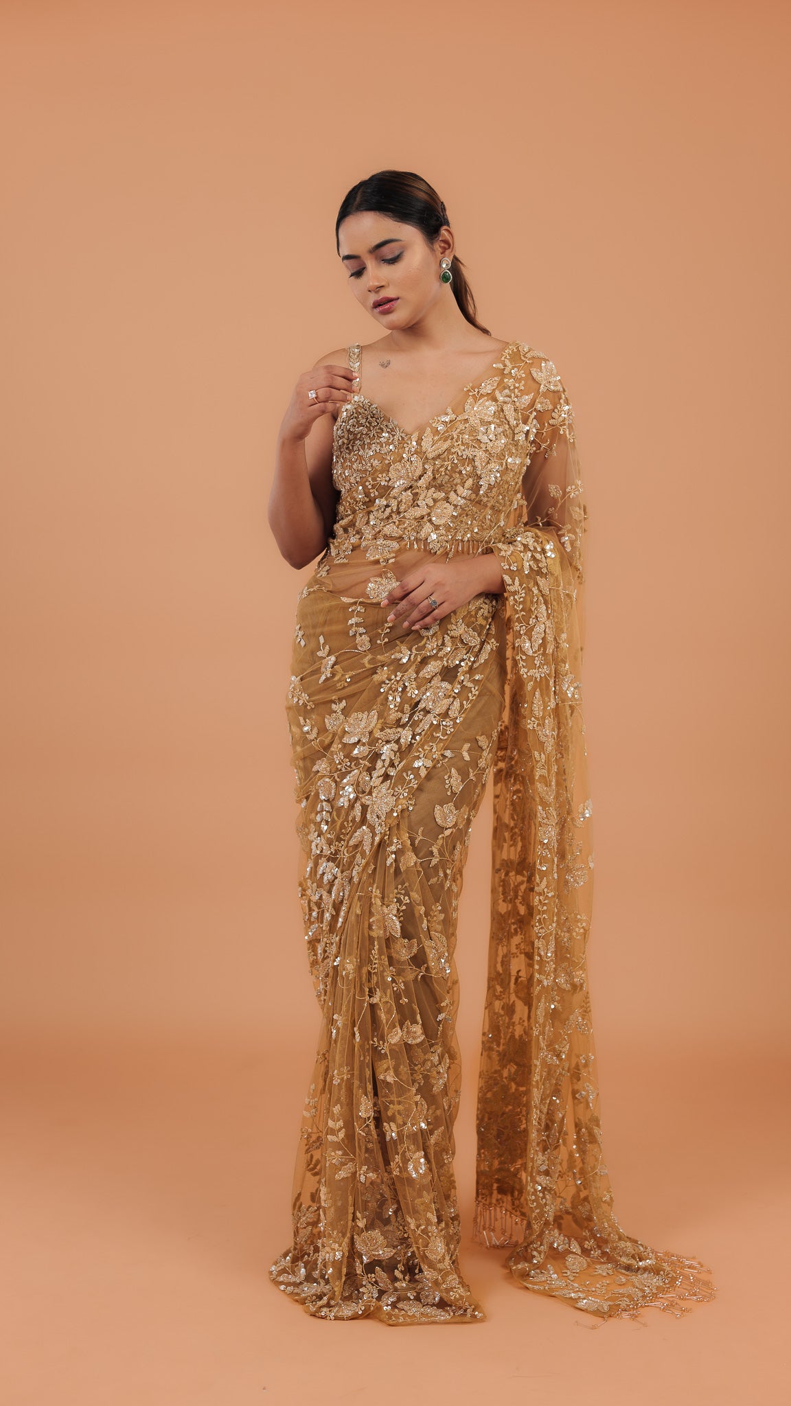 Dusty Brown Net Saree - Mokshaa