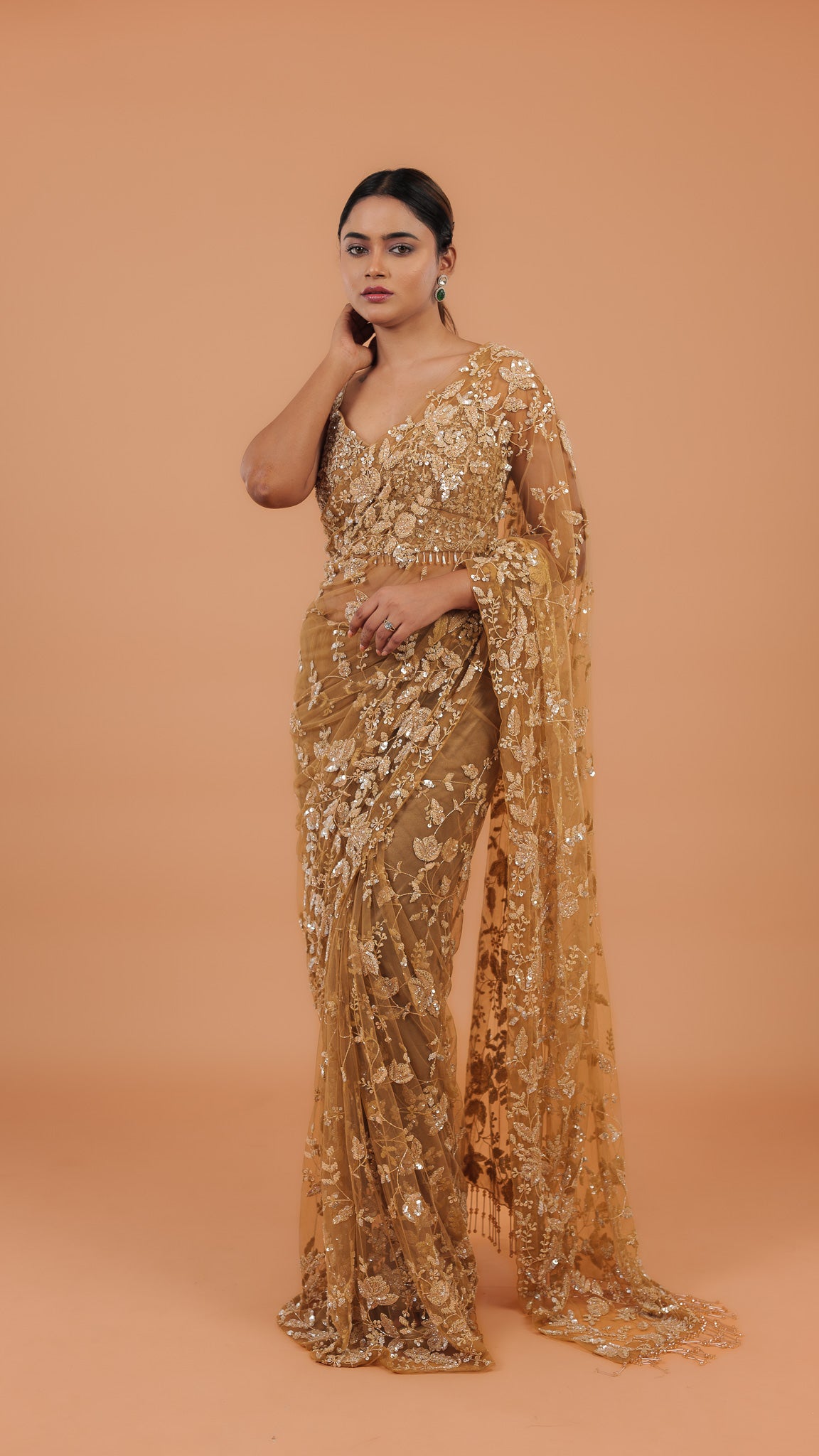 Dusty Brown Net Saree - Mokshaa