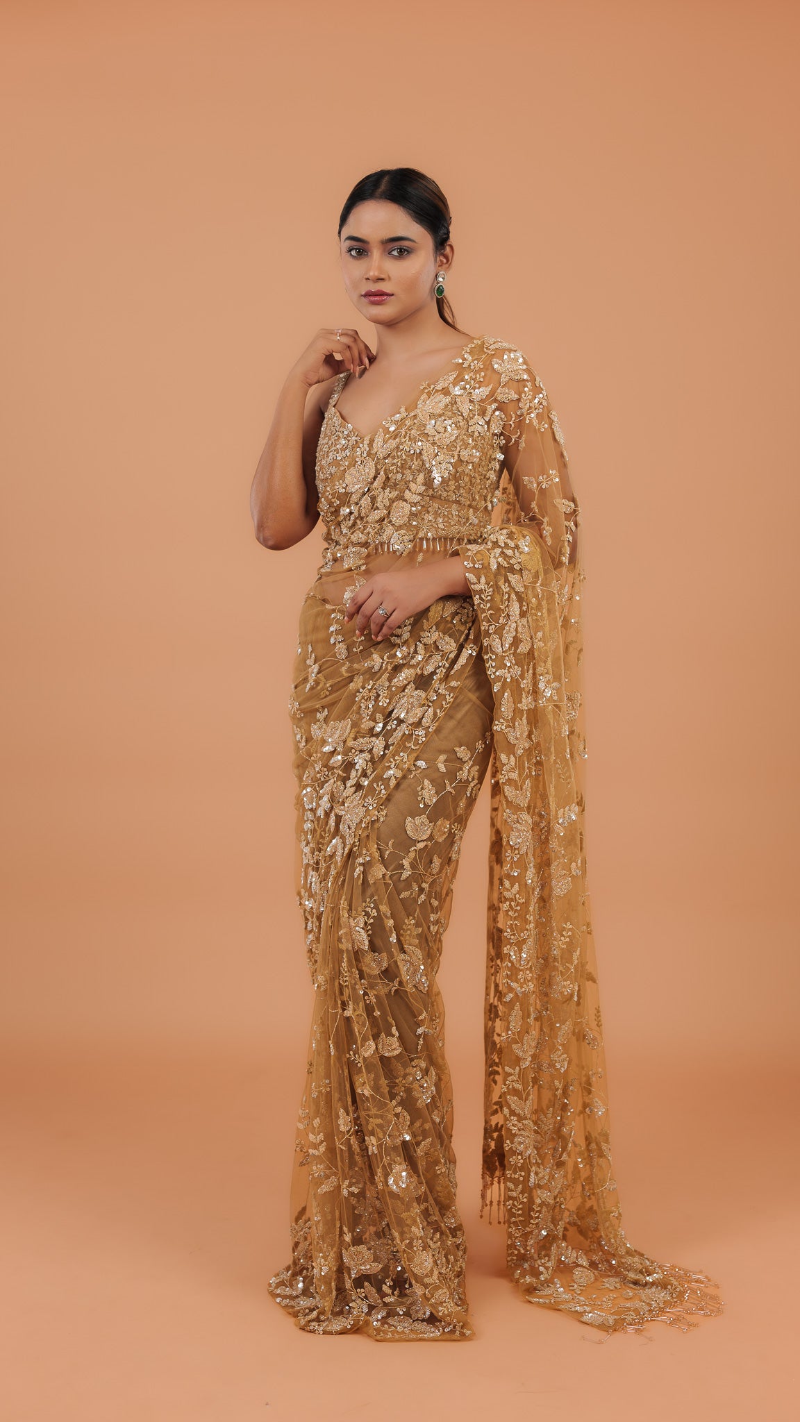 Dusty Brown Net Saree - Mokshaa