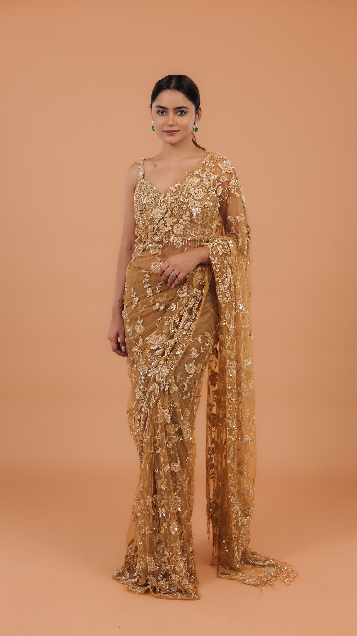 Dusty Brown Net Saree - Mokshaa