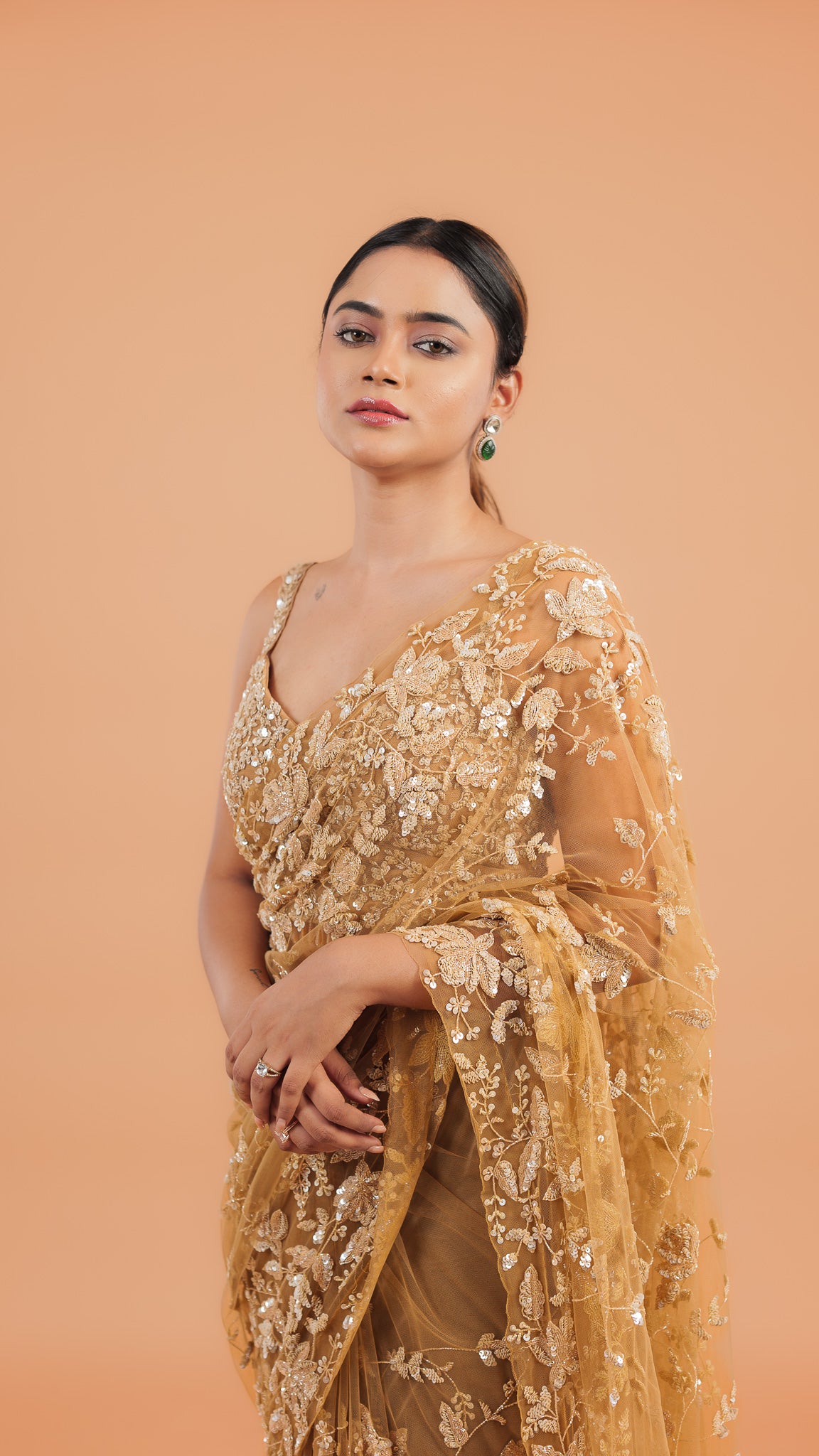 Dusty Brown Net Saree - Mokshaa