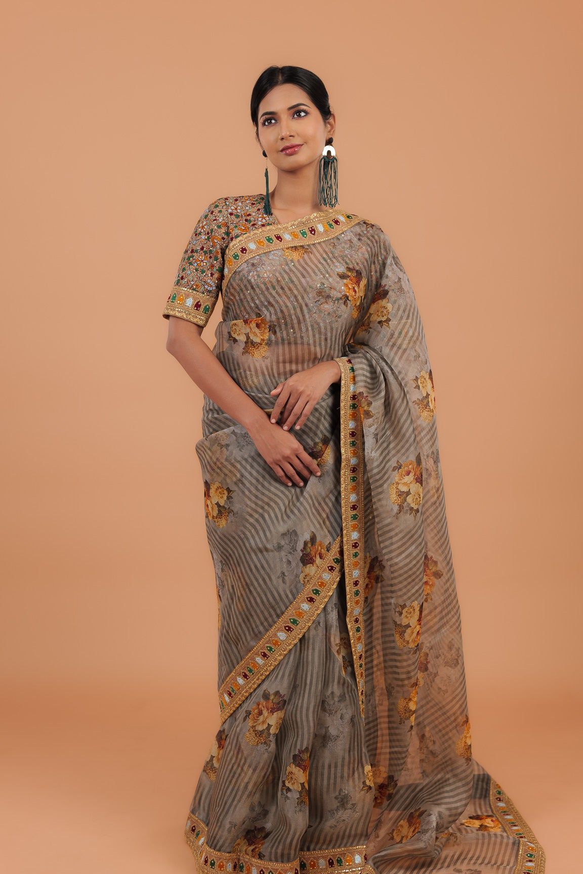 Dusty Grey Printed Organza Saree - Mokshaa