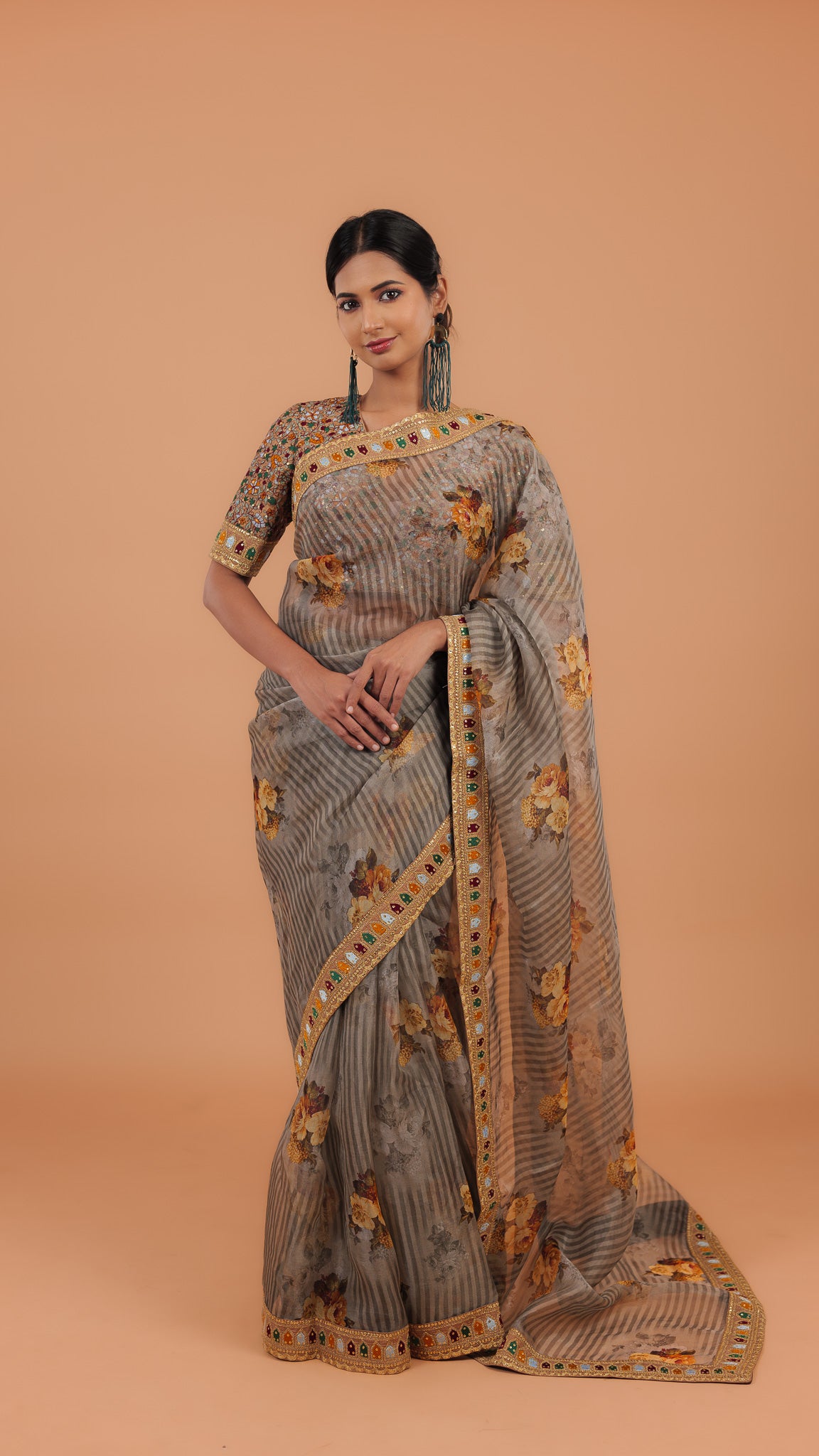 Dusty Grey Printed Organza Saree - Mokshaa