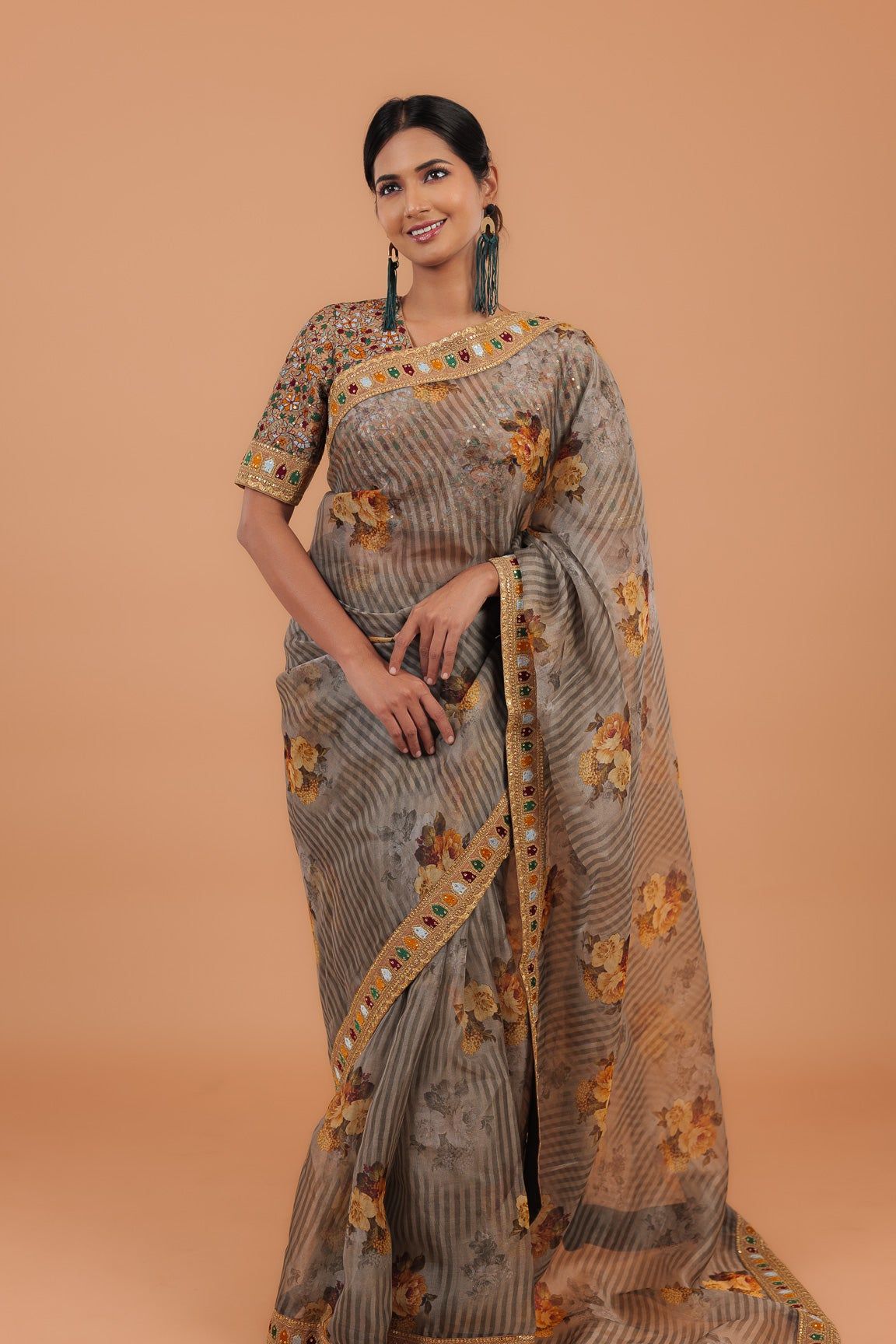 Dusty Grey Printed Organza Saree - Mokshaa