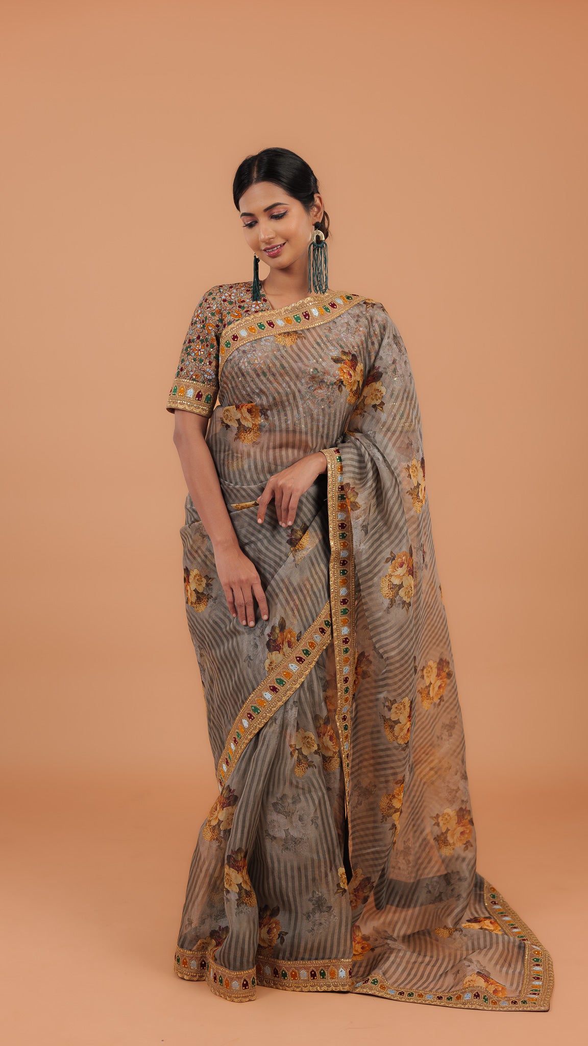 Dusty Grey Printed Organza Saree - Mokshaa