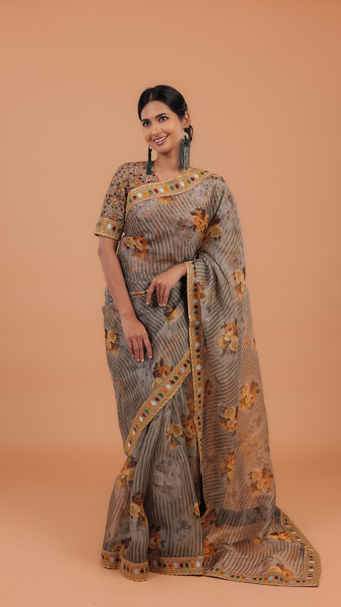 Dusty Grey Printed Organza Saree - Mokshaa