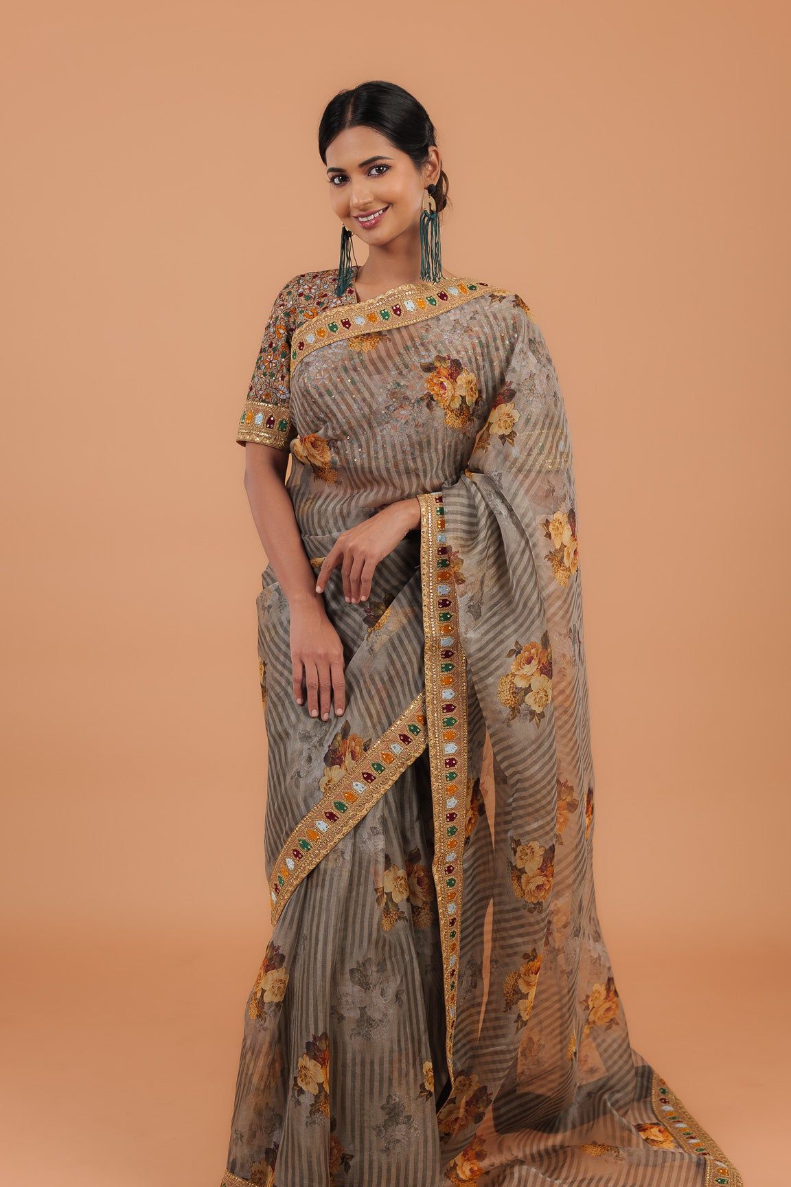 Dusty Grey Printed Organza Saree - Mokshaa