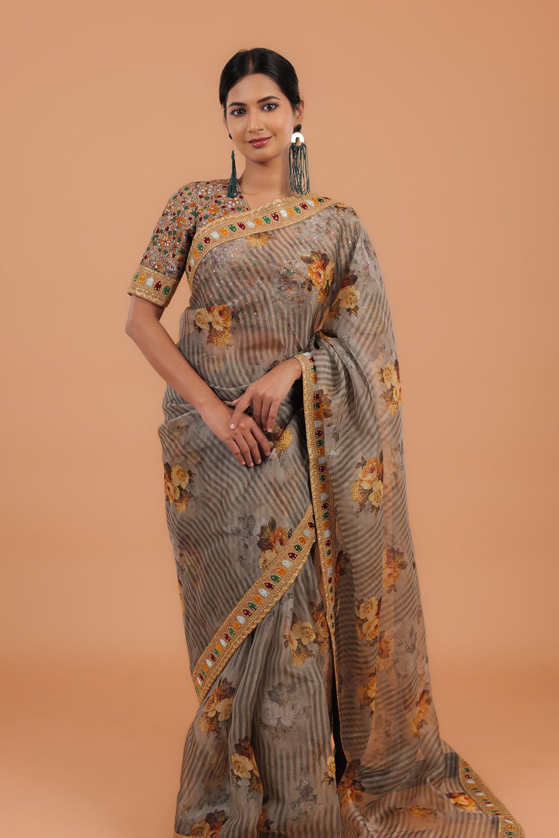 Dusty Grey Printed Organza Saree - Mokshaa