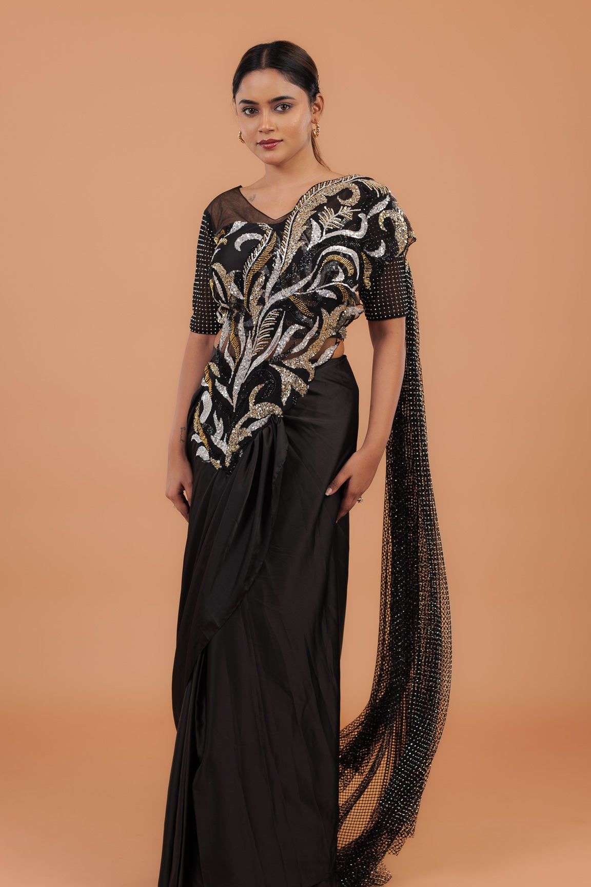 Black Satin Readymade Saree - Mokshaa