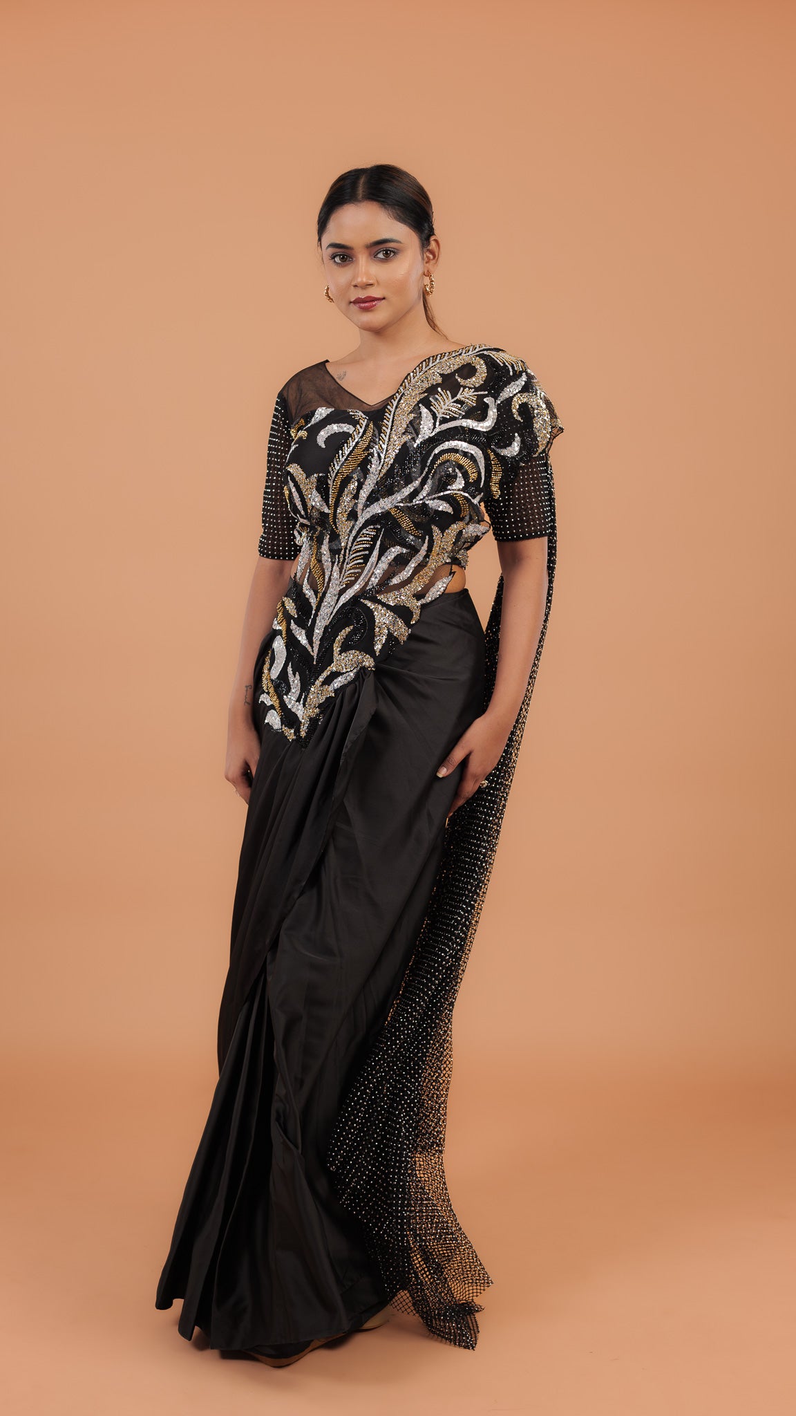 Black Satin Readymade Saree - Mokshaa