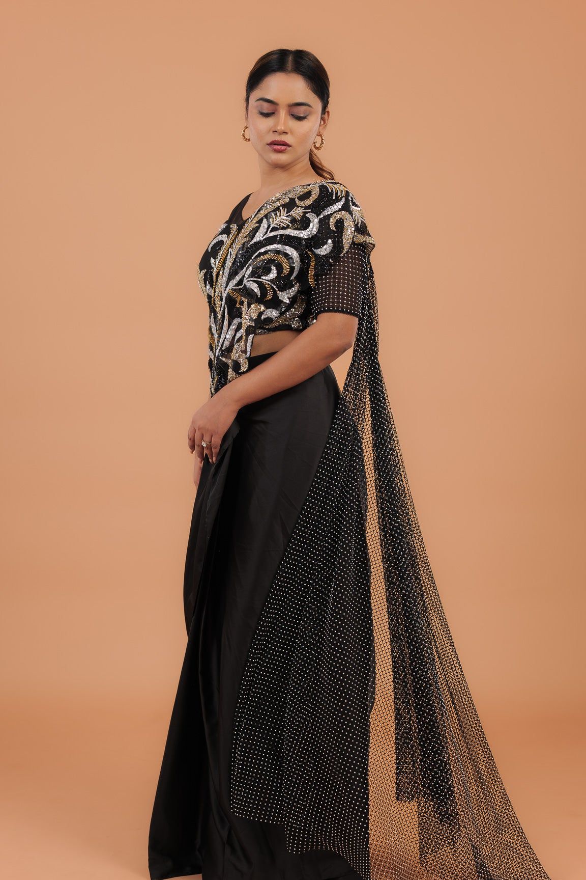 Black Satin Readymade Saree - Mokshaa