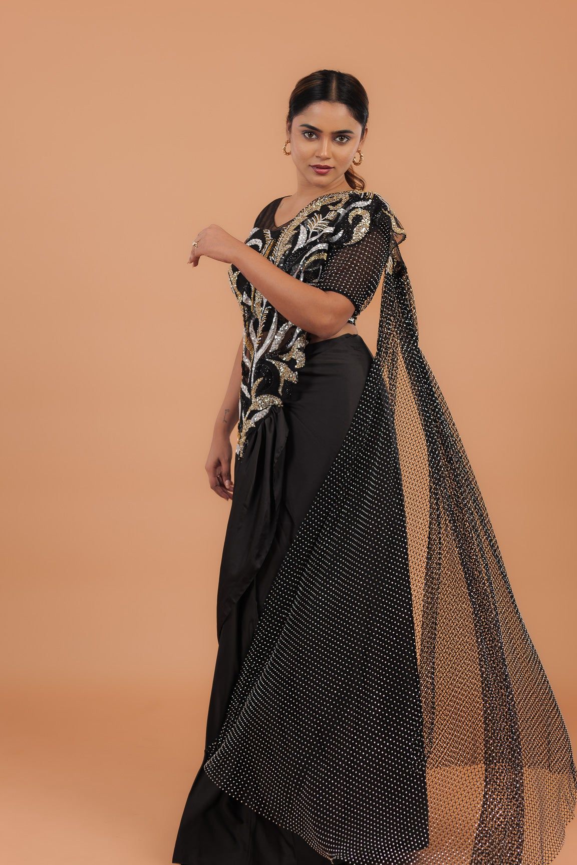 Black Satin Readymade Saree - Mokshaa