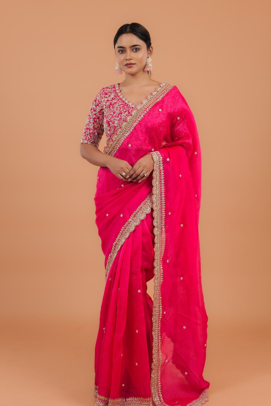 Bright Pink Organza Saree - Mokshaa