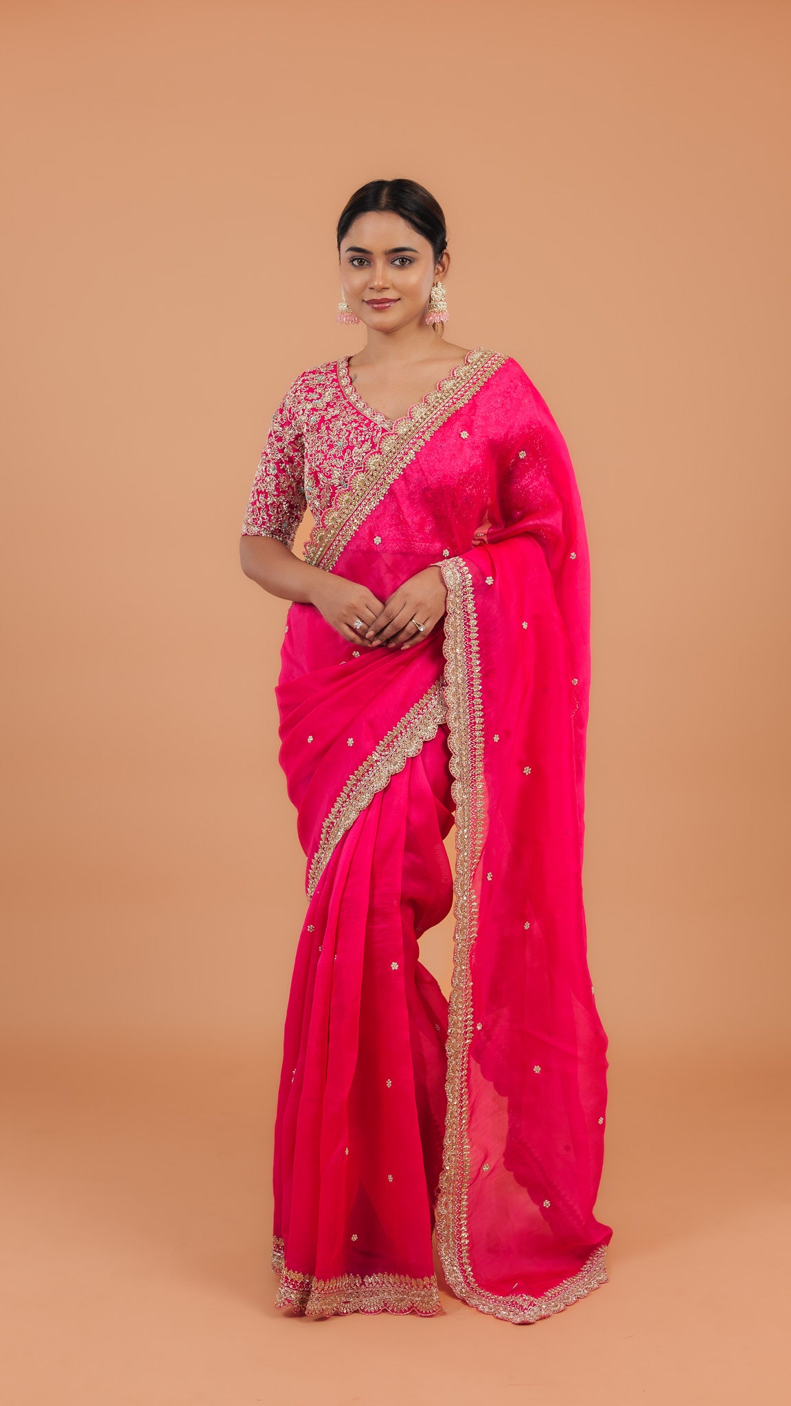 Bright Pink Organza Saree - Mokshaa