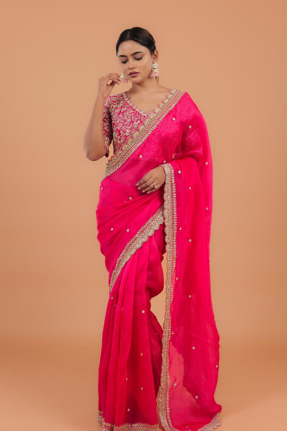 Bright Pink Organza Saree - Mokshaa