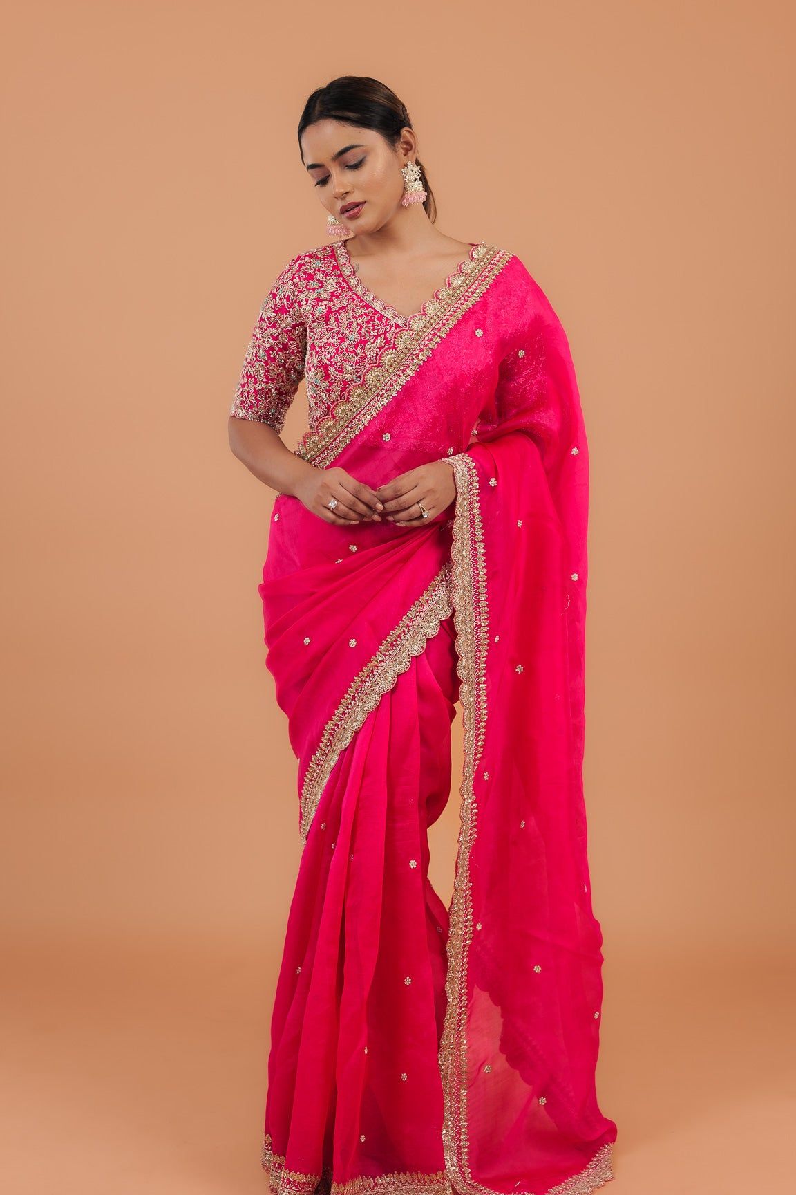 Bright Pink Organza Saree - Mokshaa