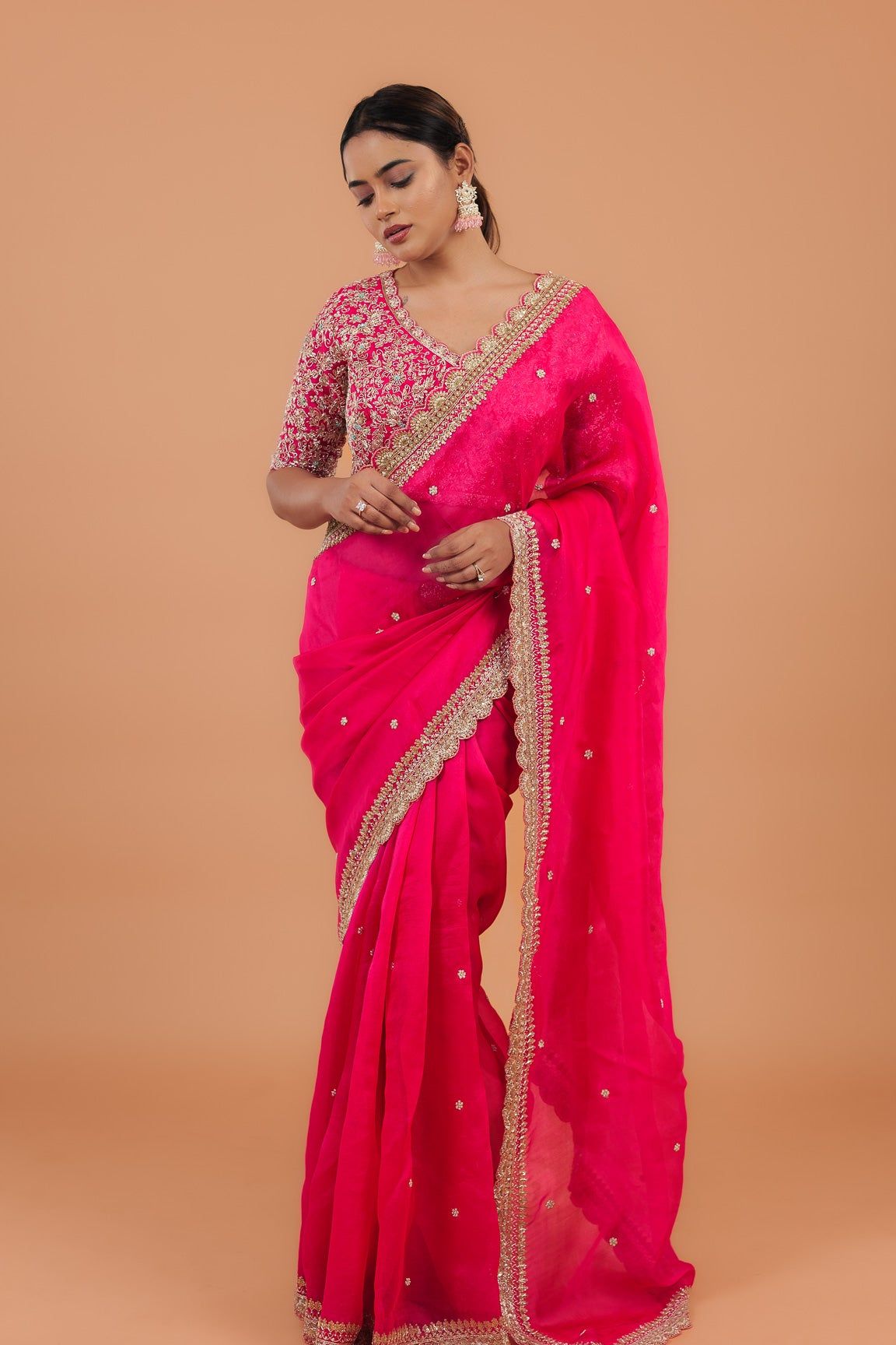 Bright Pink Organza Saree - Mokshaa