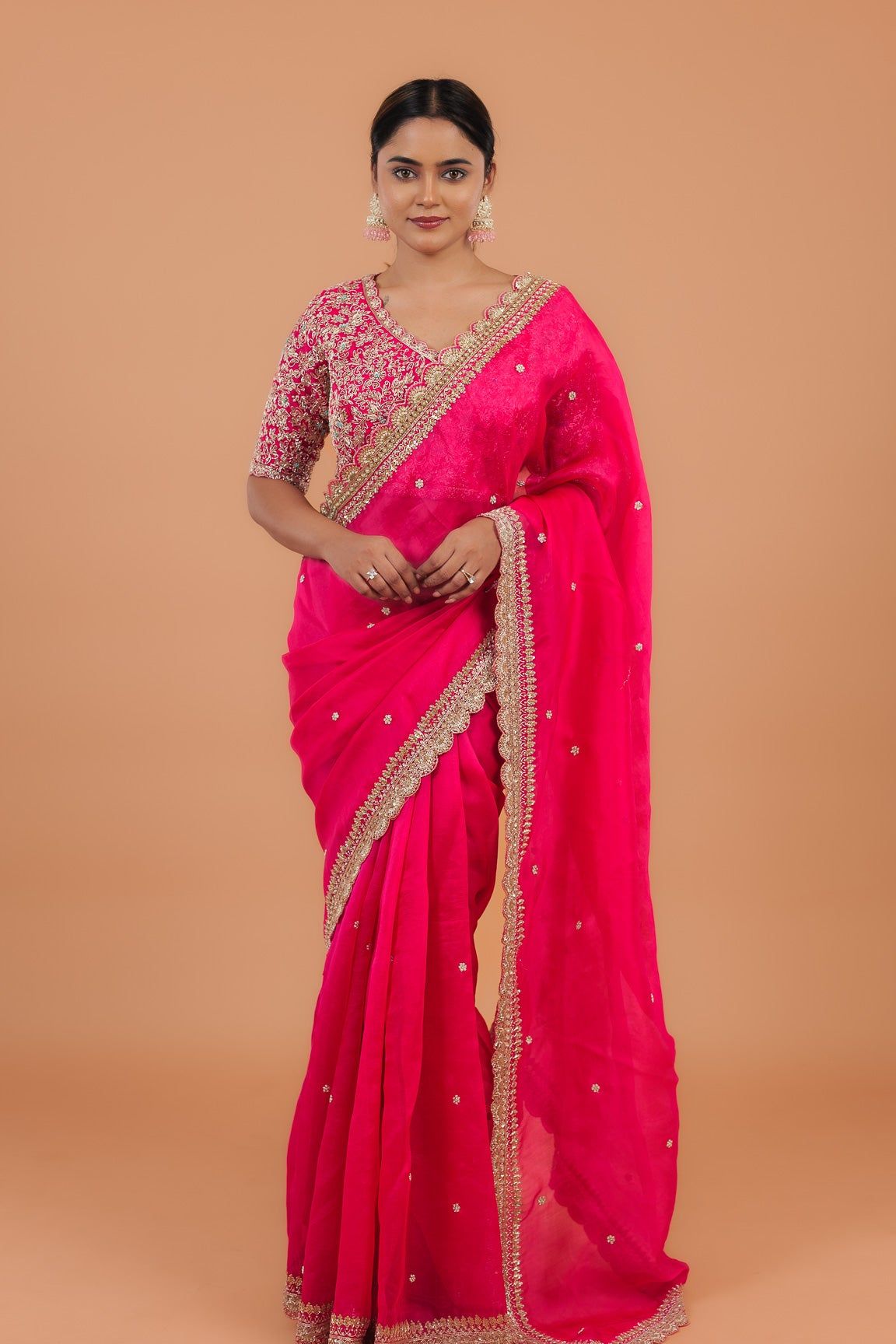 Bright Pink Organza Saree - Mokshaa