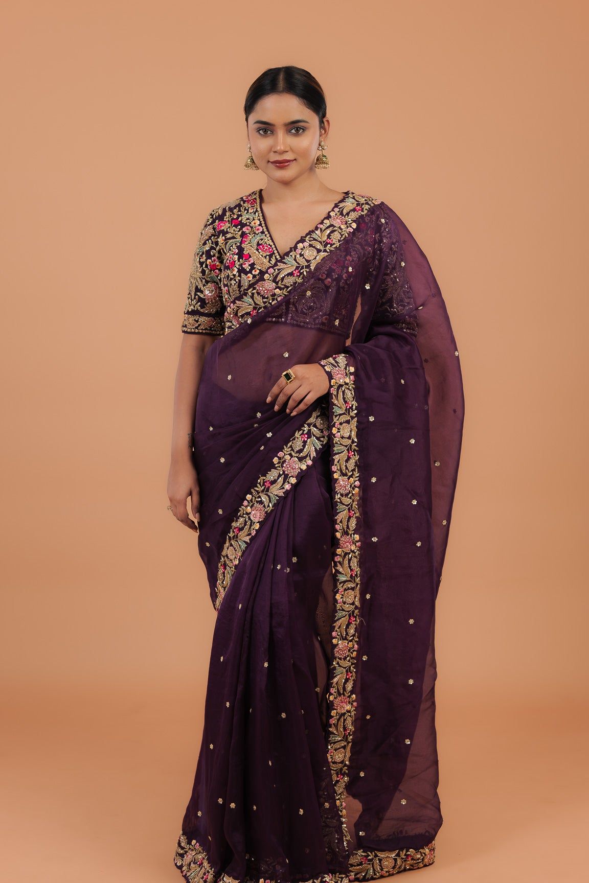 Dark Purple Organza Saree - Mokshaa