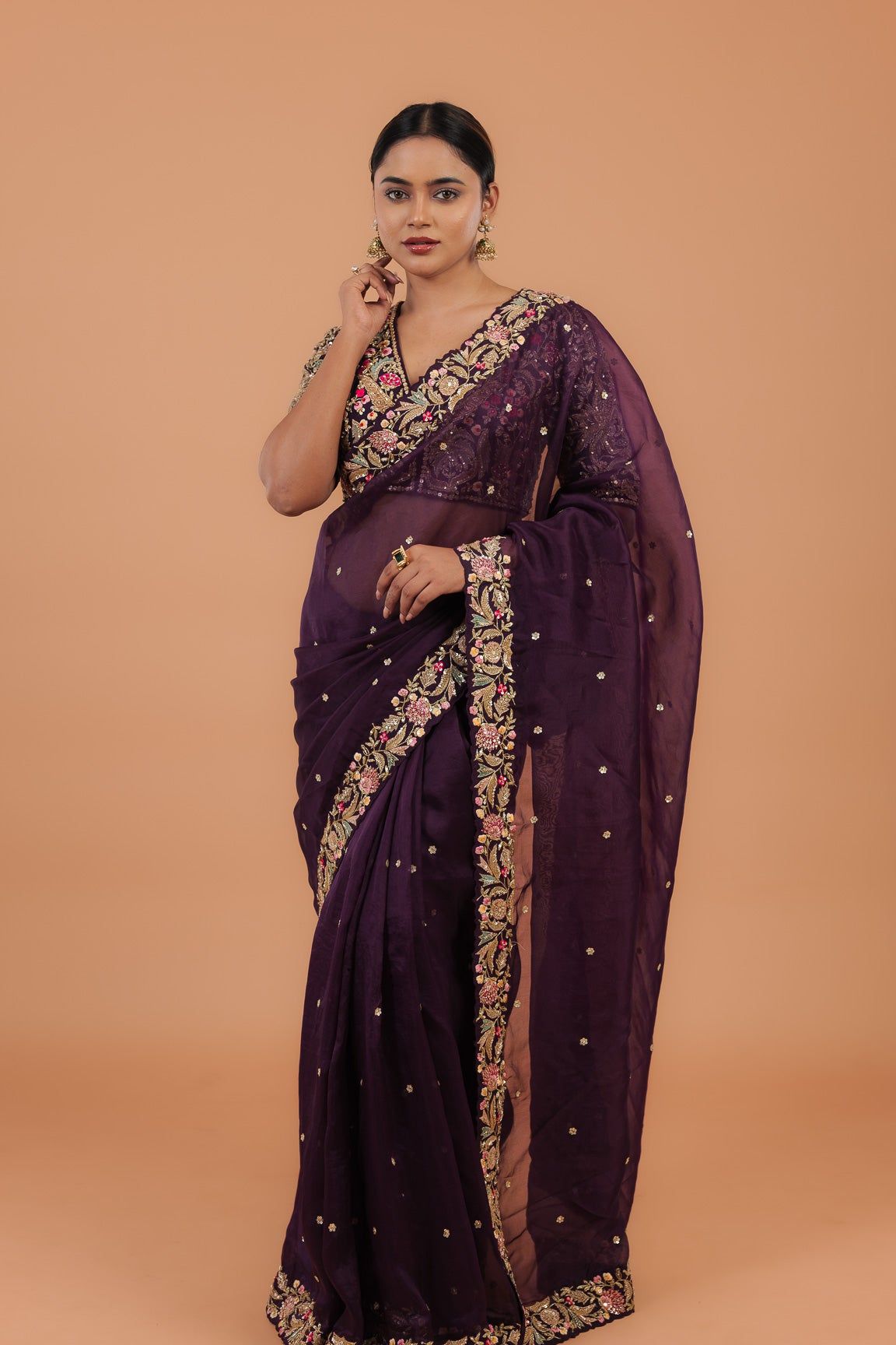 Dark Purple Organza Saree - Mokshaa