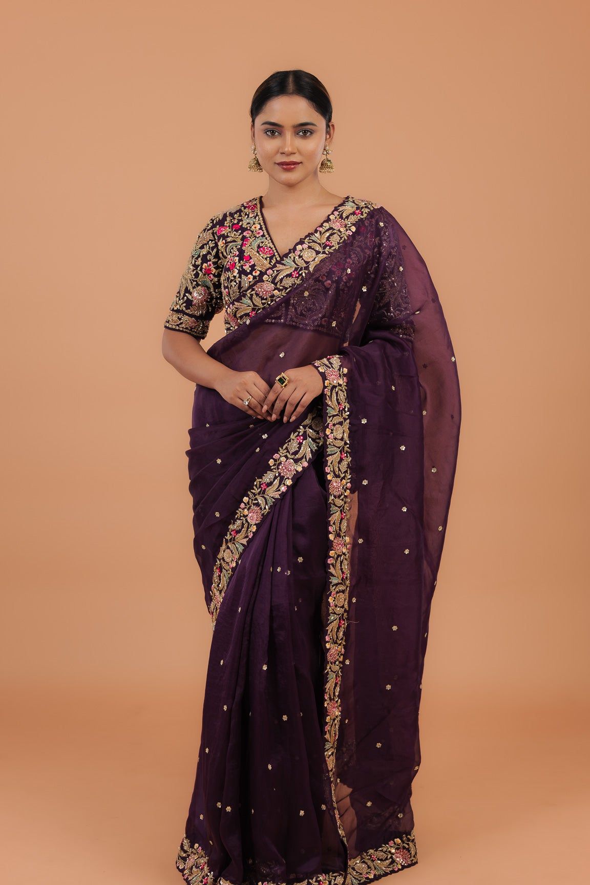 Dark Purple Organza Saree - Mokshaa