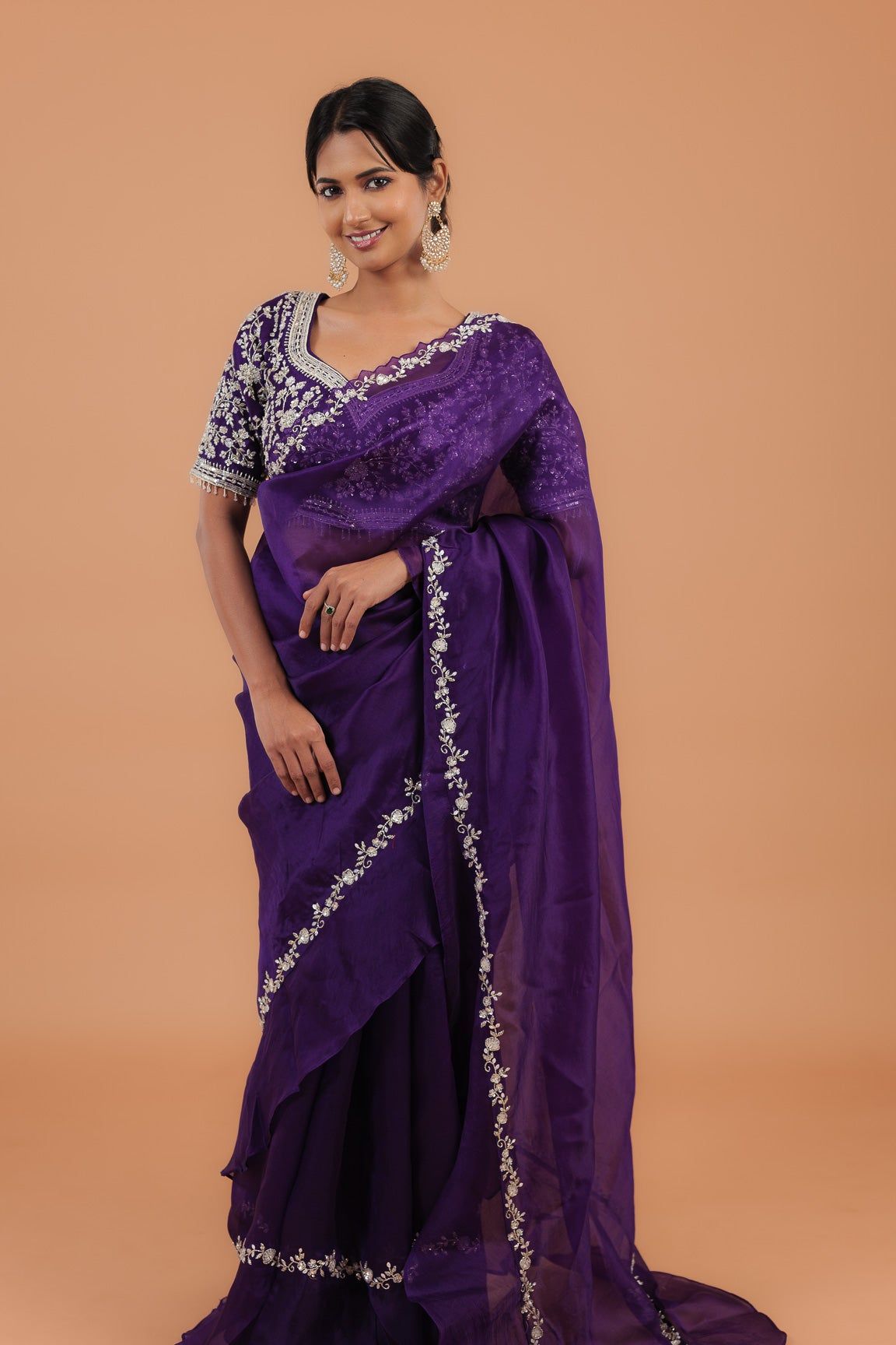 Dark Purple Organza Ruffle Saree - Mokshaa