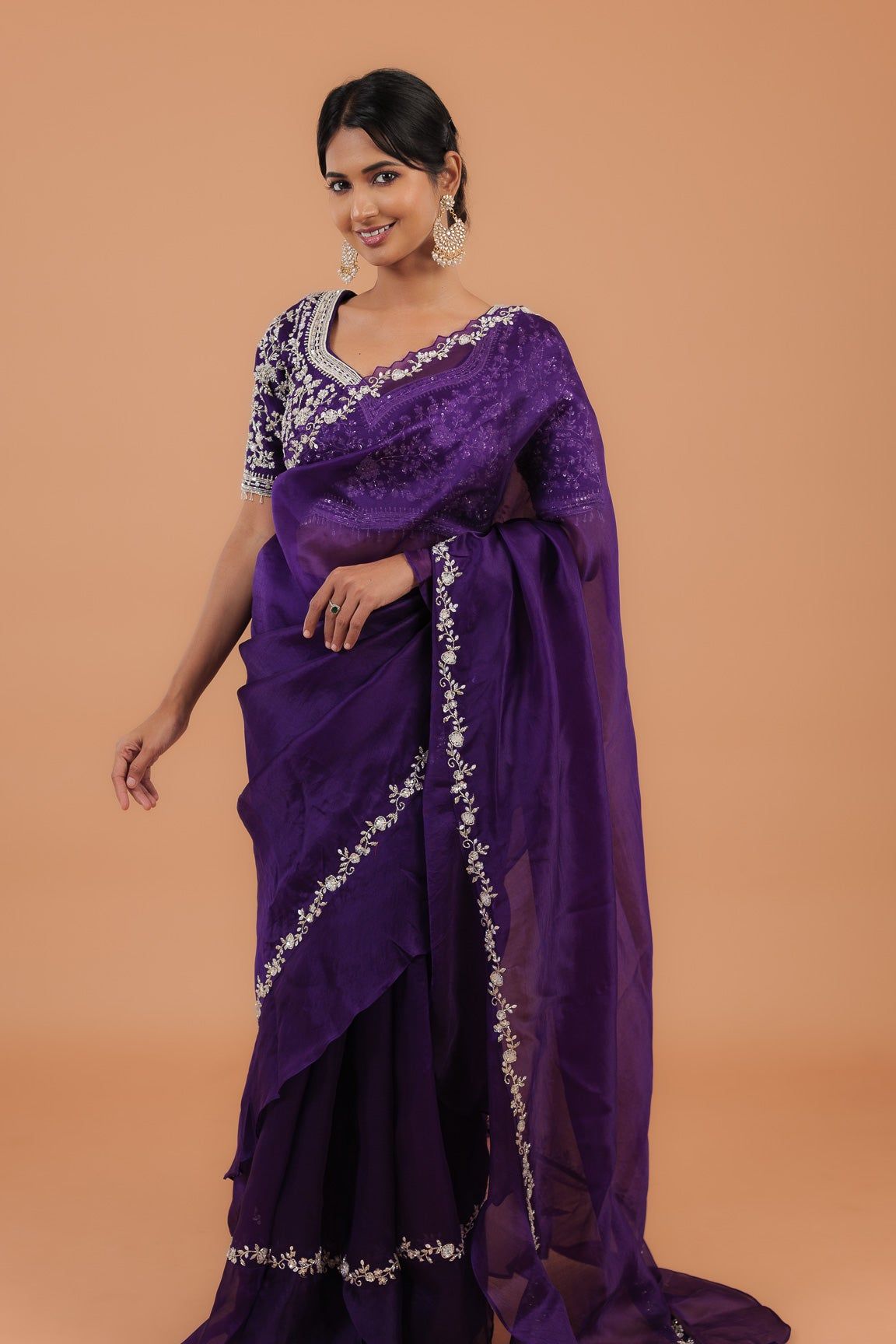 Dark Purple Organza Ruffle Saree - Mokshaa