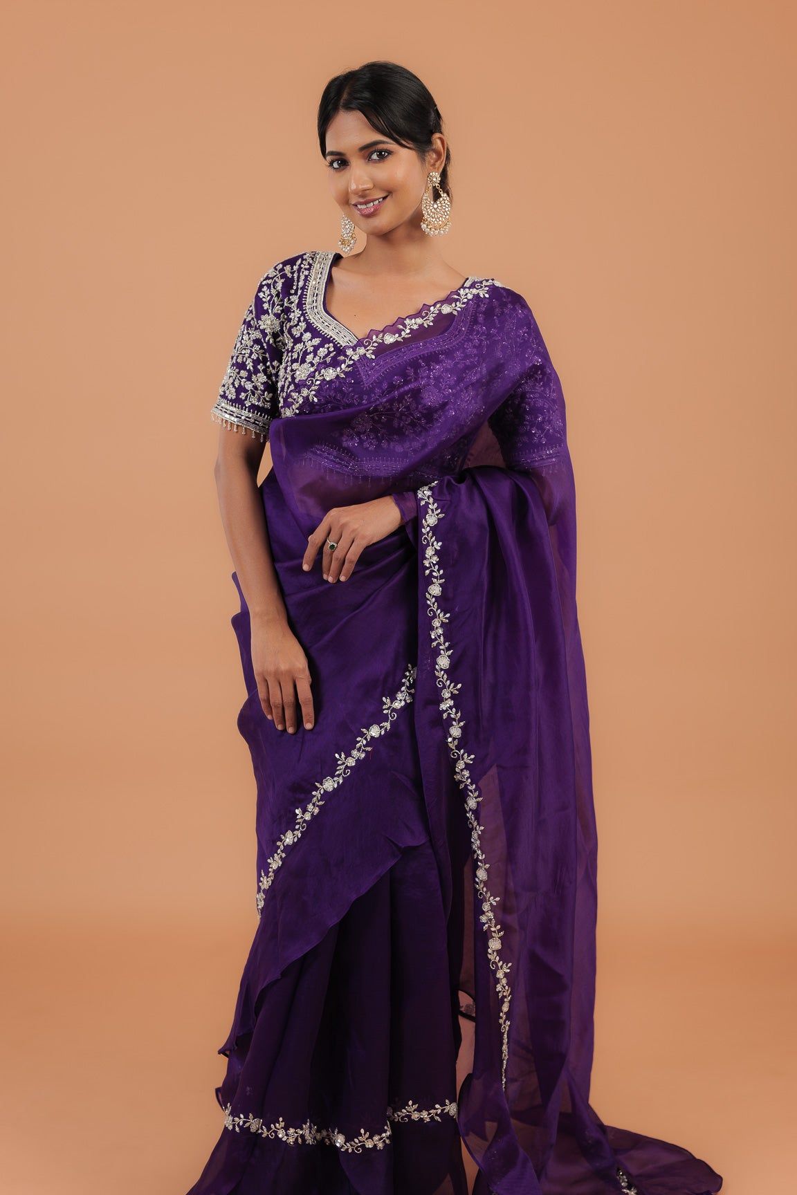 Dark Purple Organza Ruffle Saree - Mokshaa