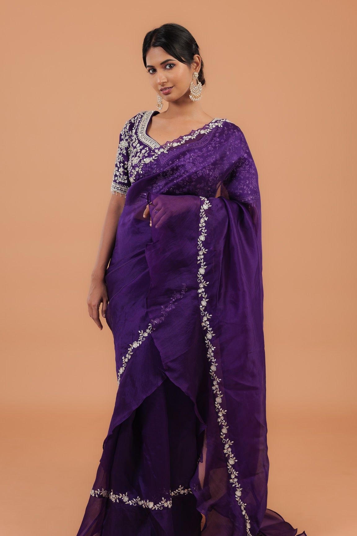 Dark Purple Organza Ruffle Saree - Mokshaa