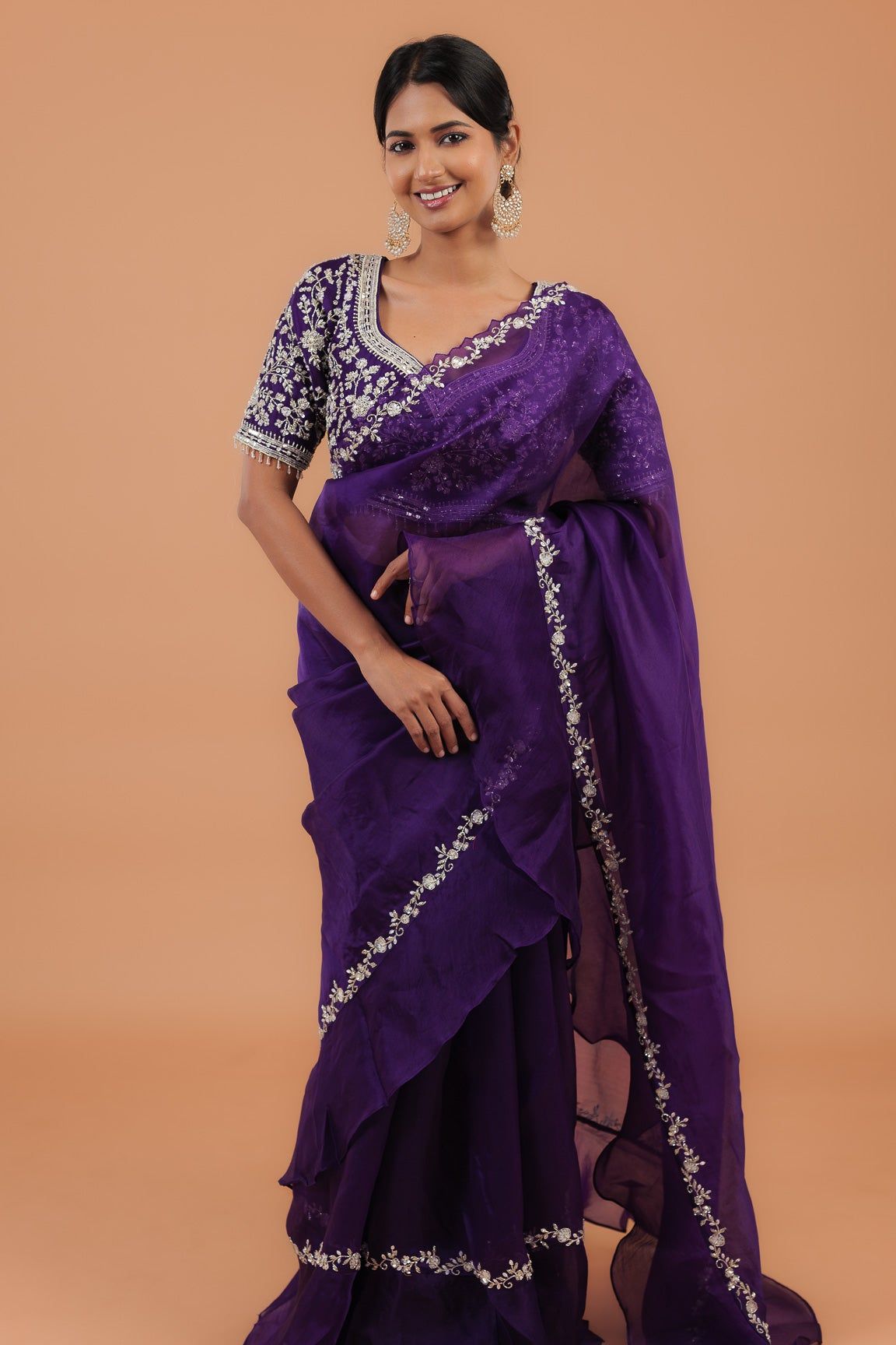 Dark Purple Organza Ruffle Saree - Mokshaa